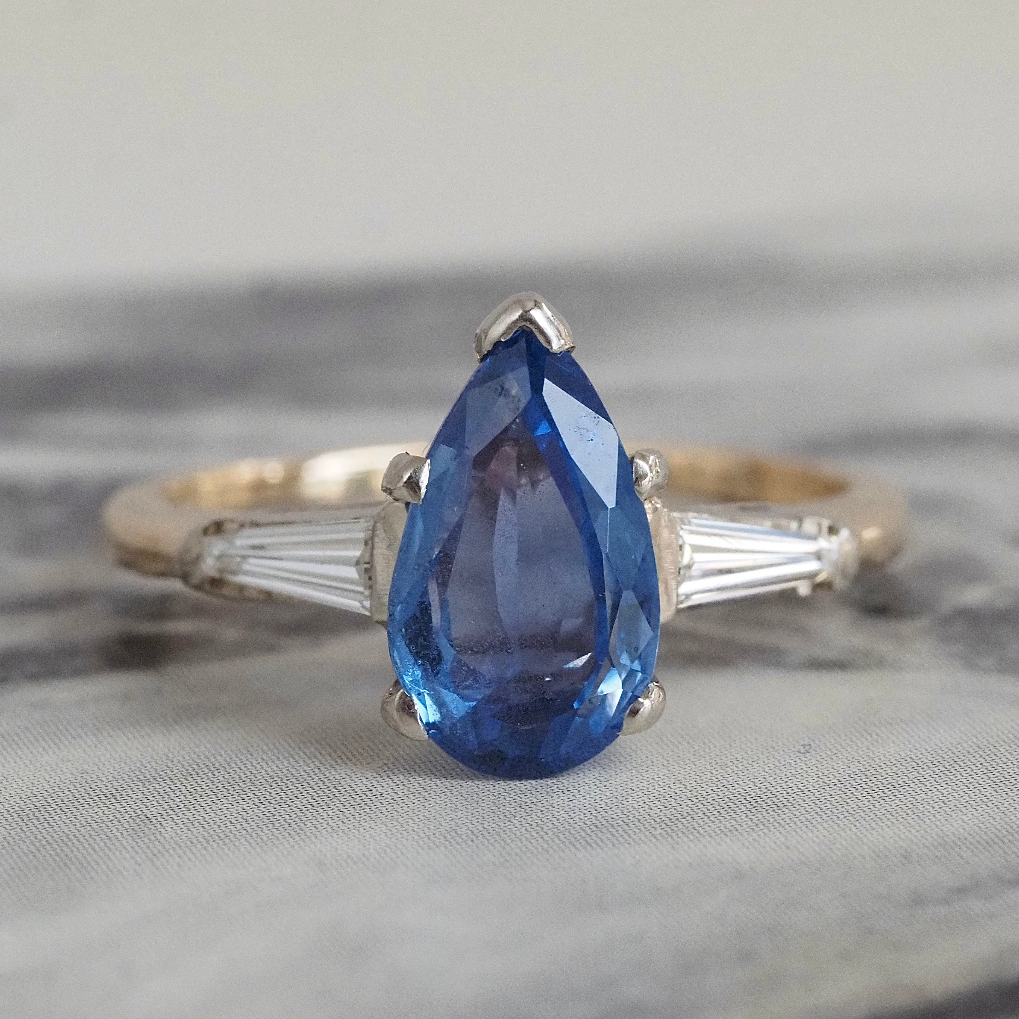 Vintage Pear Sapphire and Tapered Baguette Diamond 14k Gold Ring