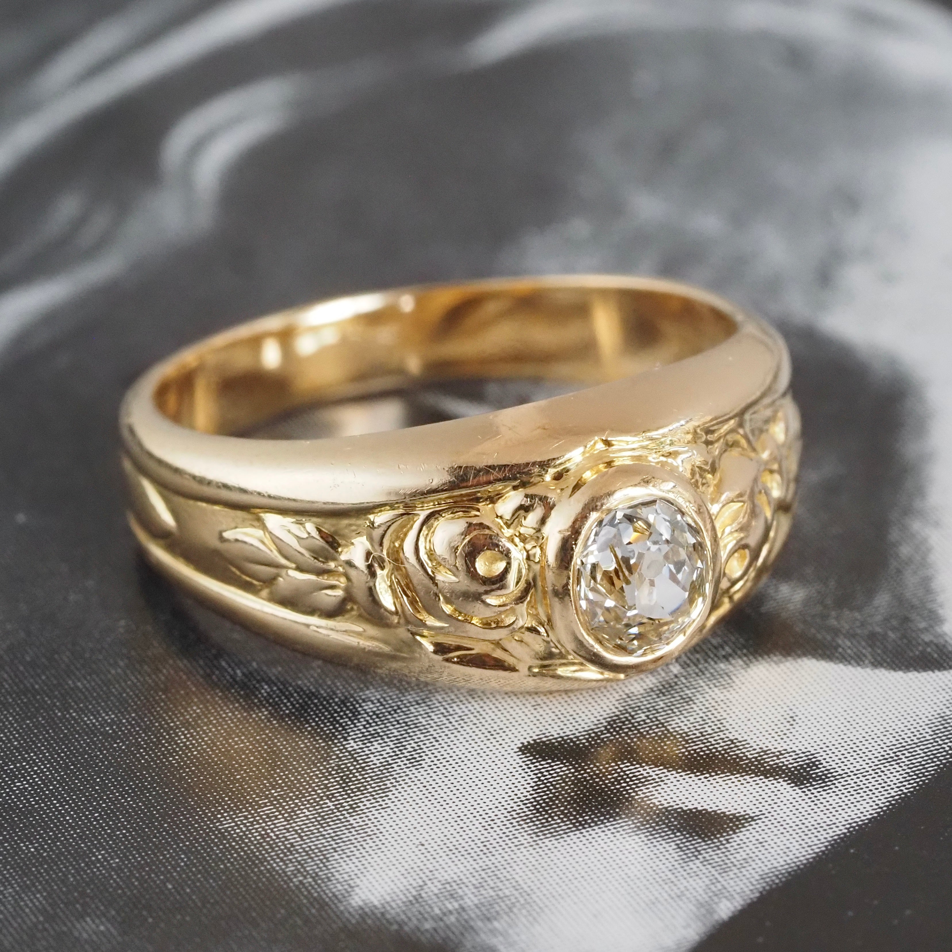 Vintage Bezel Set Old Mine Cut Diamond 18k Gold Dome Floral Engagement Ring