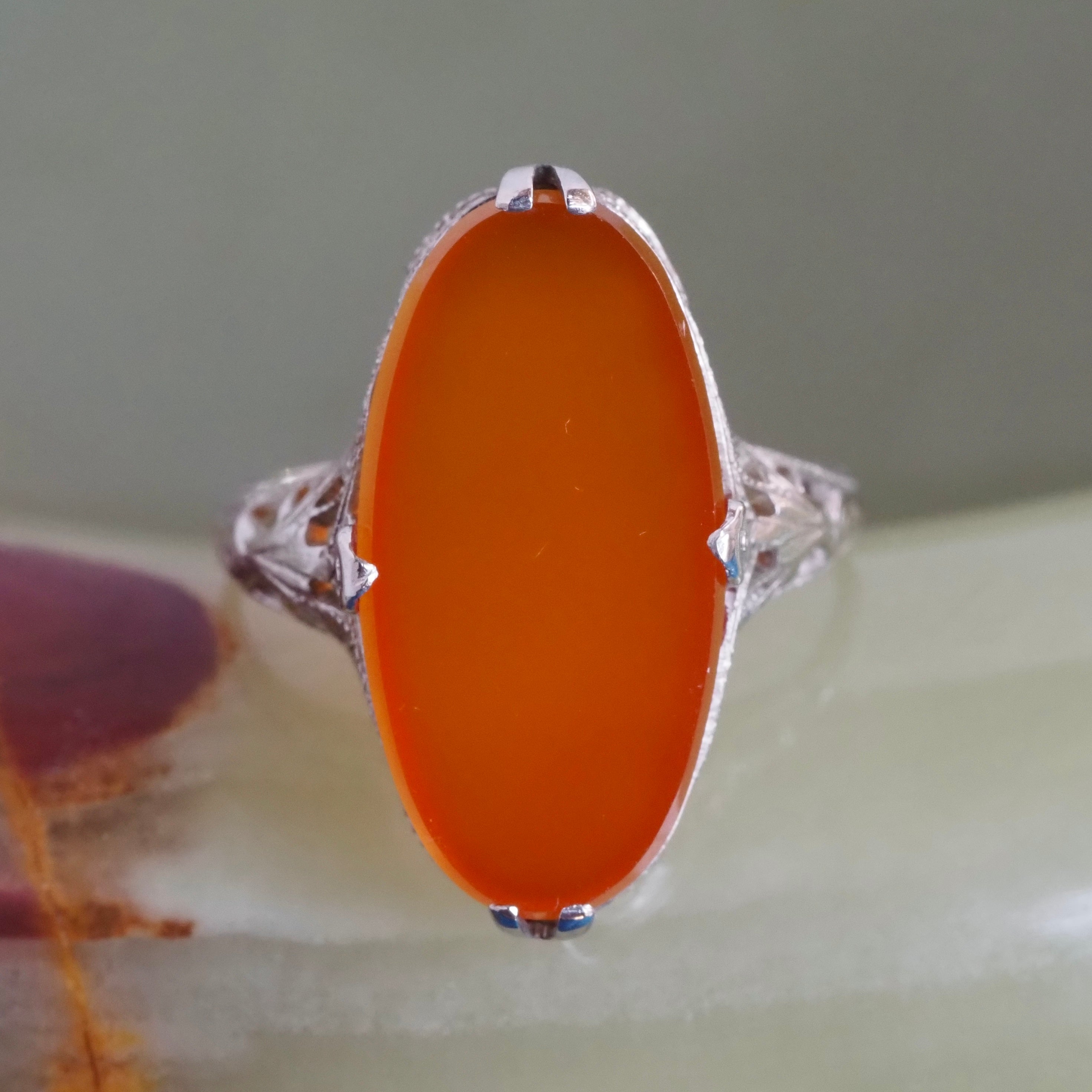 Edwardian Style Orange Chalcedony Cabochon Ring 14K Gold Fine Quality Chalcedony Anniversary Ring Art Deco Orange Cabochon Ceremony 14K Ring popular