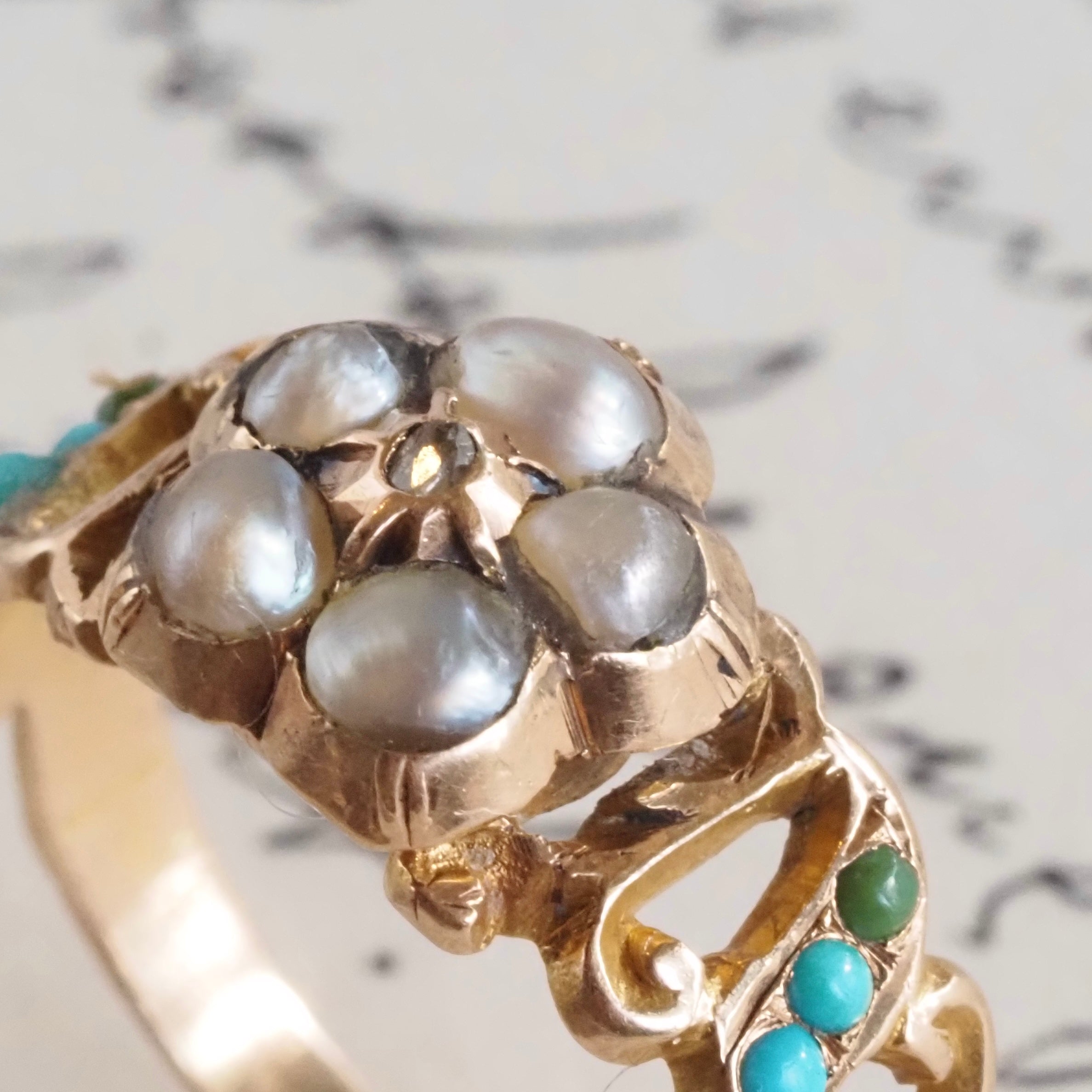 Antique Victorian Pearl Turquoise and Diamond Flower 14k Gold Ring
