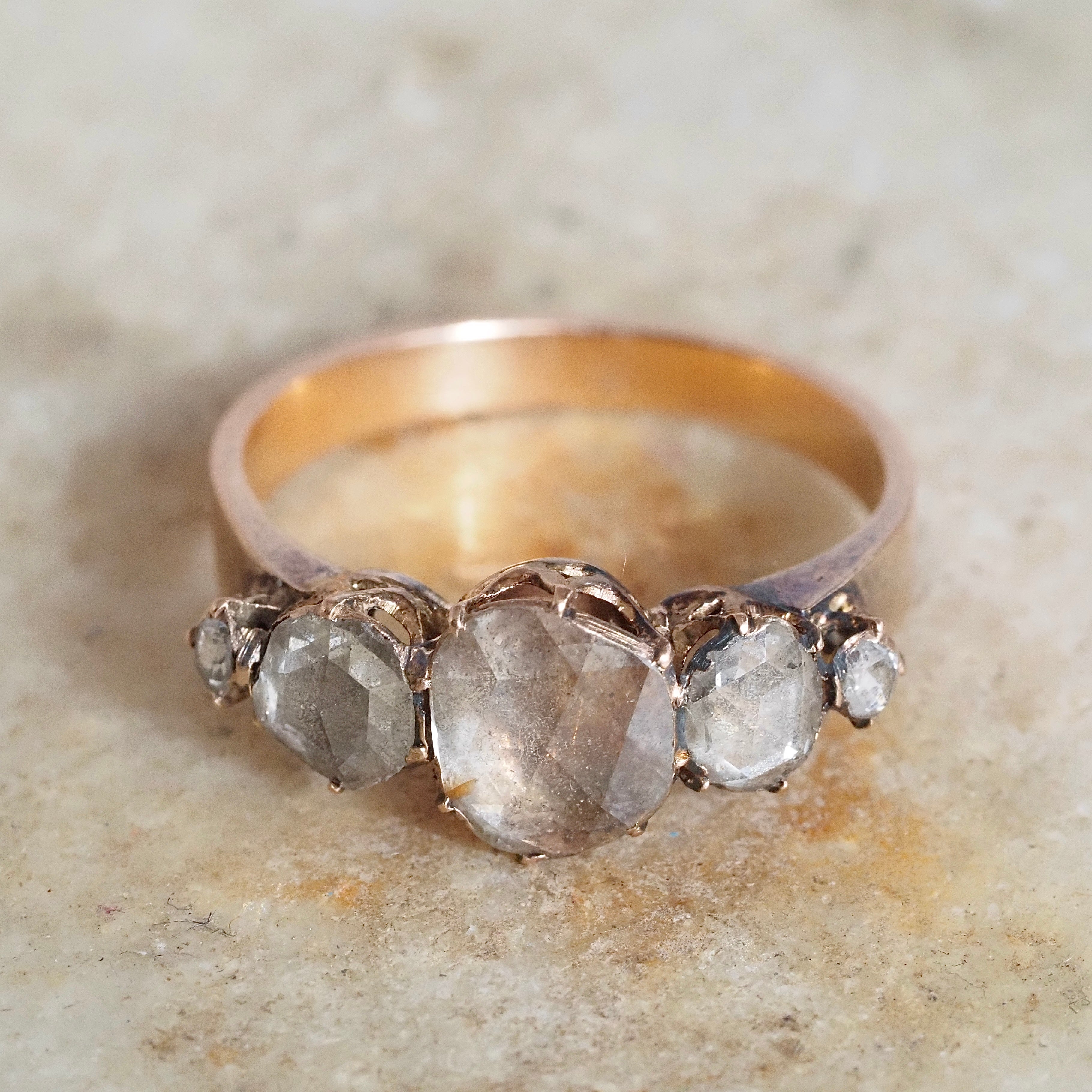 Antique Victorian French Foil Backed Rose Cut Diamond 18k Rose Gold Five Stone Ring