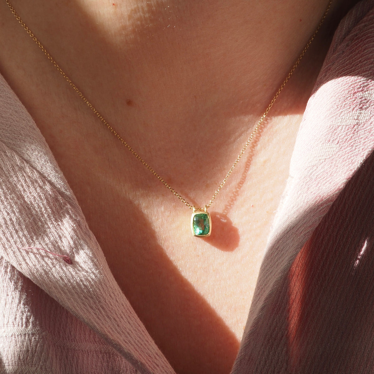 Emerald Brushed 14k Gold Necklace