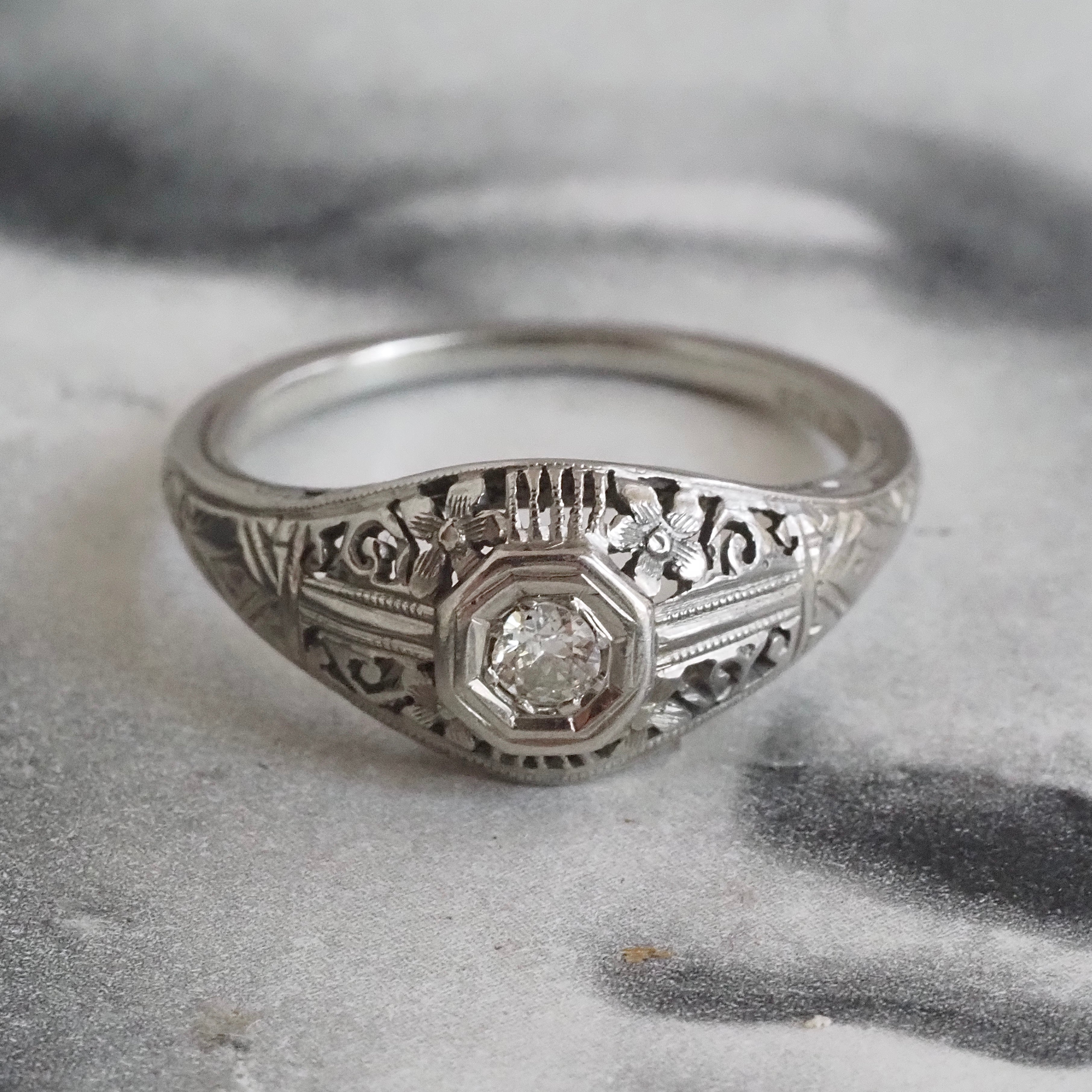 Antique Art Deco Old European Cut Diamond Open Work 18k White Gold Ring