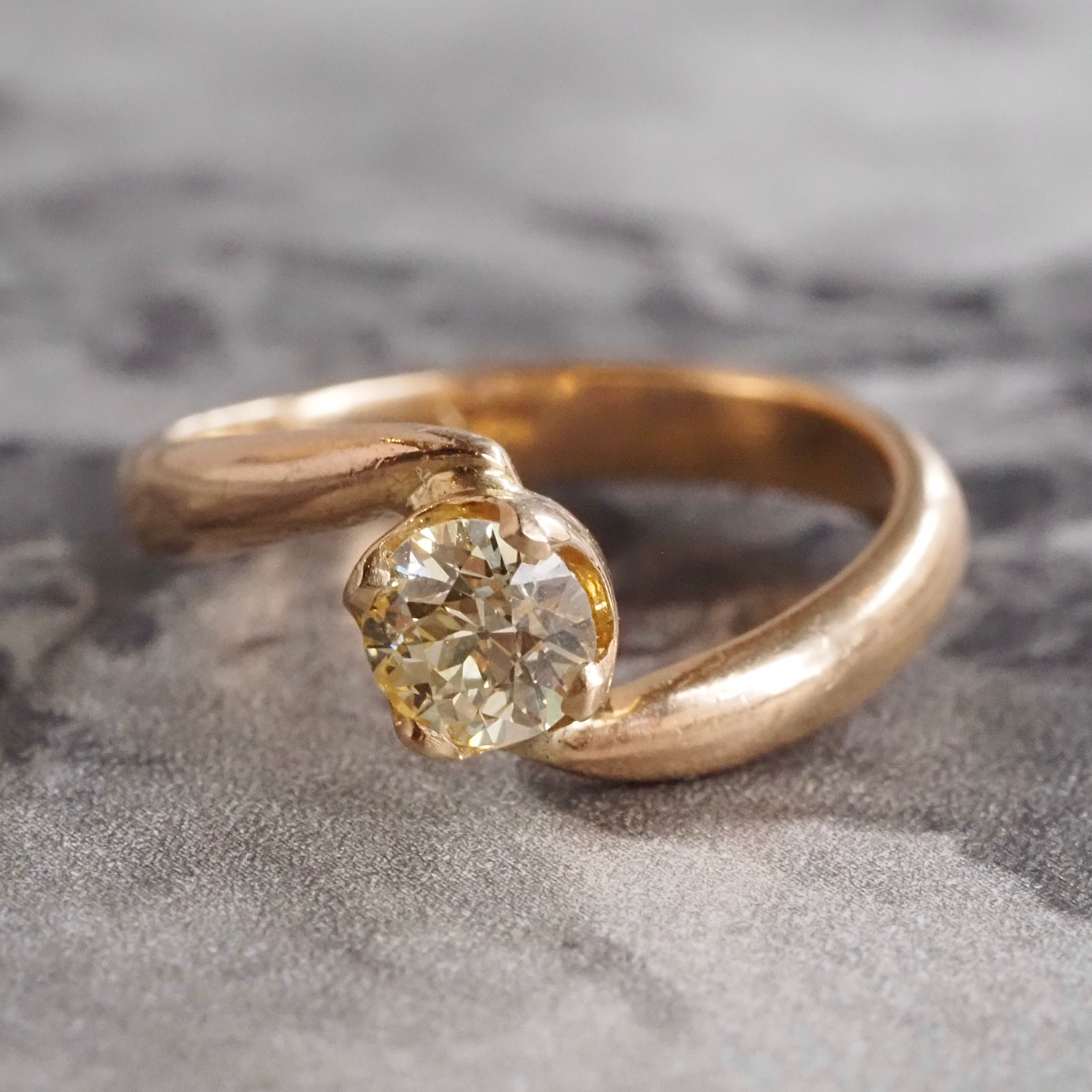 Mid-Century Light Yellow Old European Cut Diamond 14k Gold Bypass Solitaire Engagement Ring