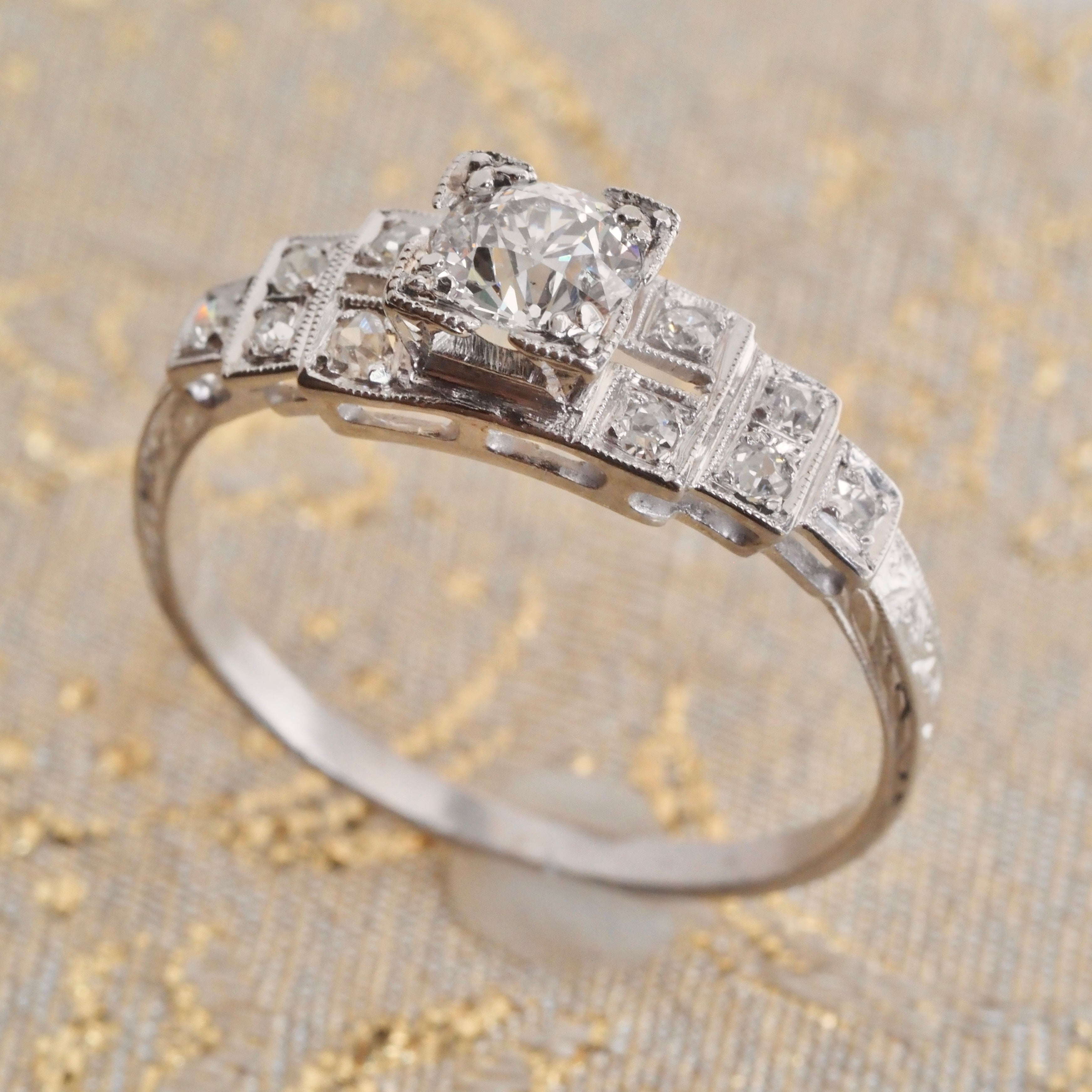 Art Deco Platinum Step Old European Cut Diamond Engagement Ring