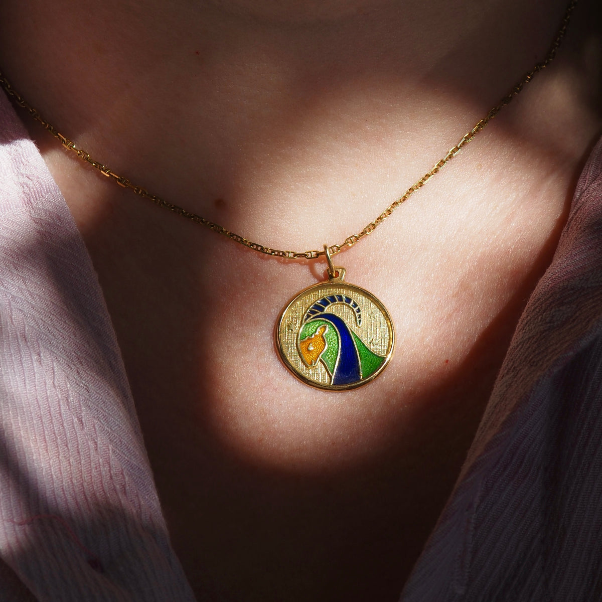 Vintage Greek Aries Enamel 18k Gold Pendant