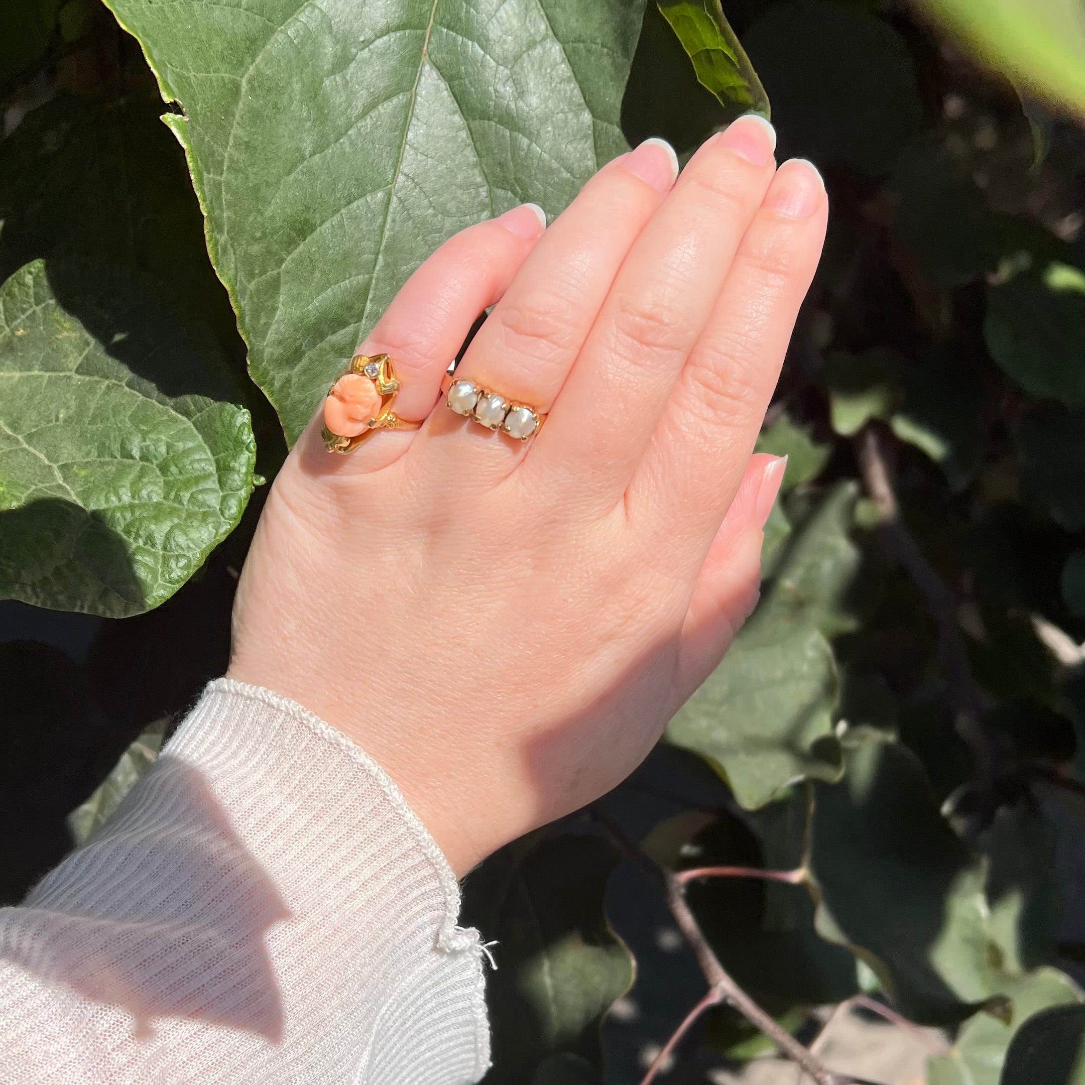 Antique Art Nouveau Bloomed 14k Gold Coral Cameo and Diamond Ring