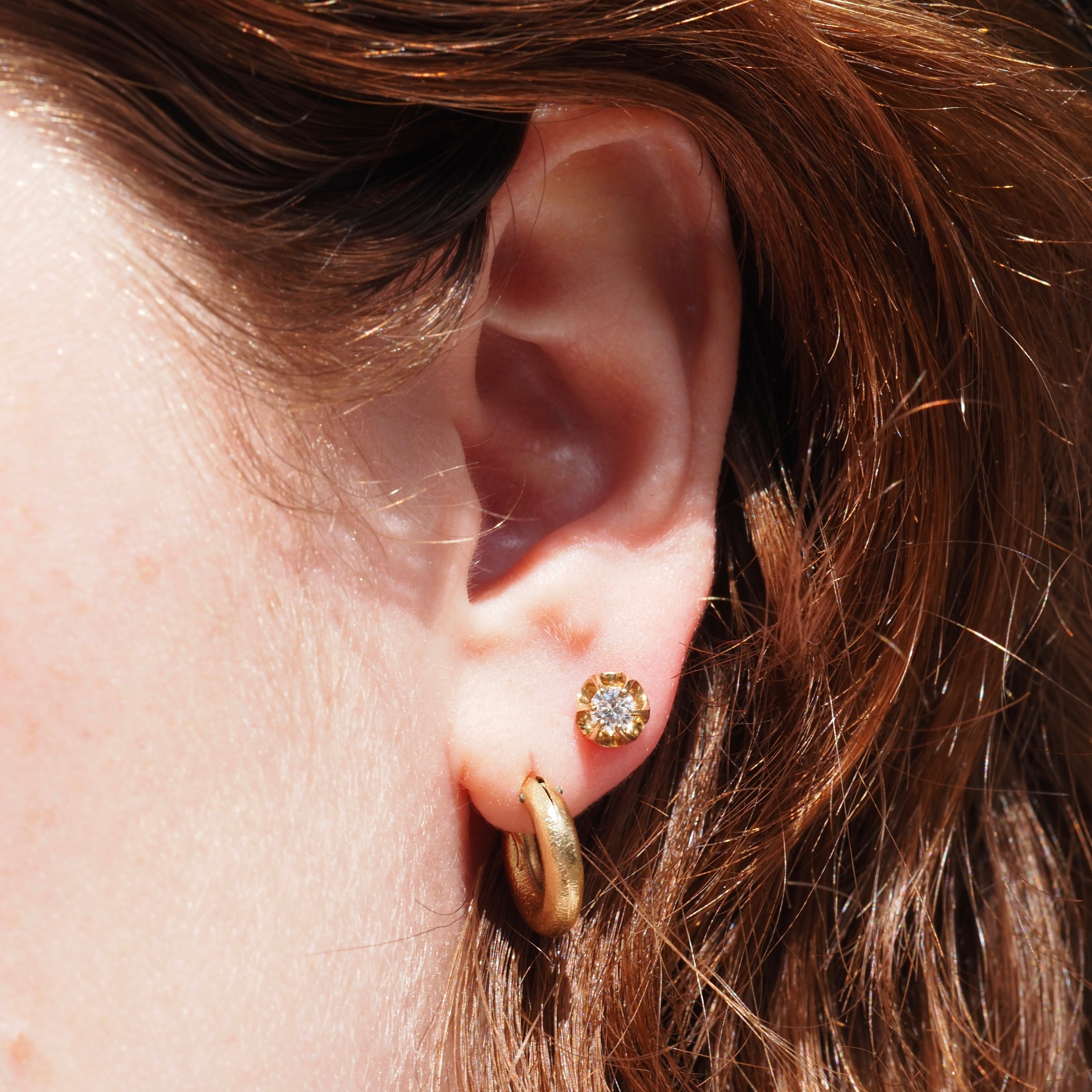 Vintage Round Brilliant Cut Diamond Buttercup 14k Gold Earrings
