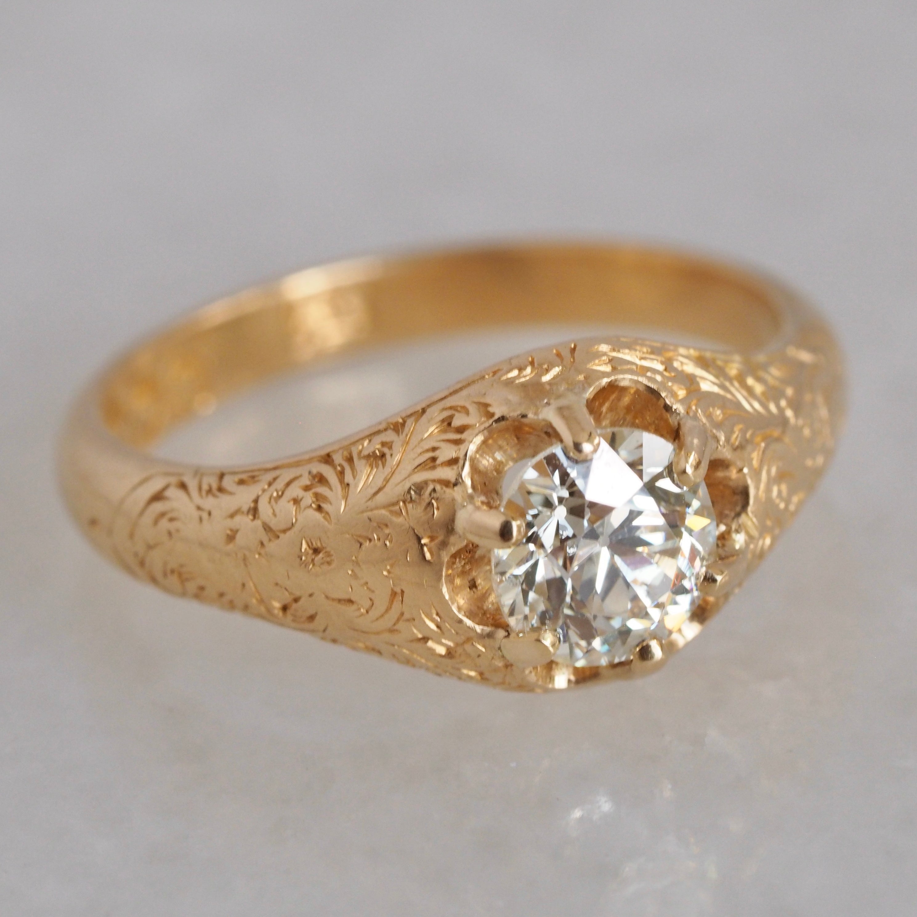Antique Victorian c. 1860 English 18k Gold Belcher Set Old European Cut Diamond Engagement Ring