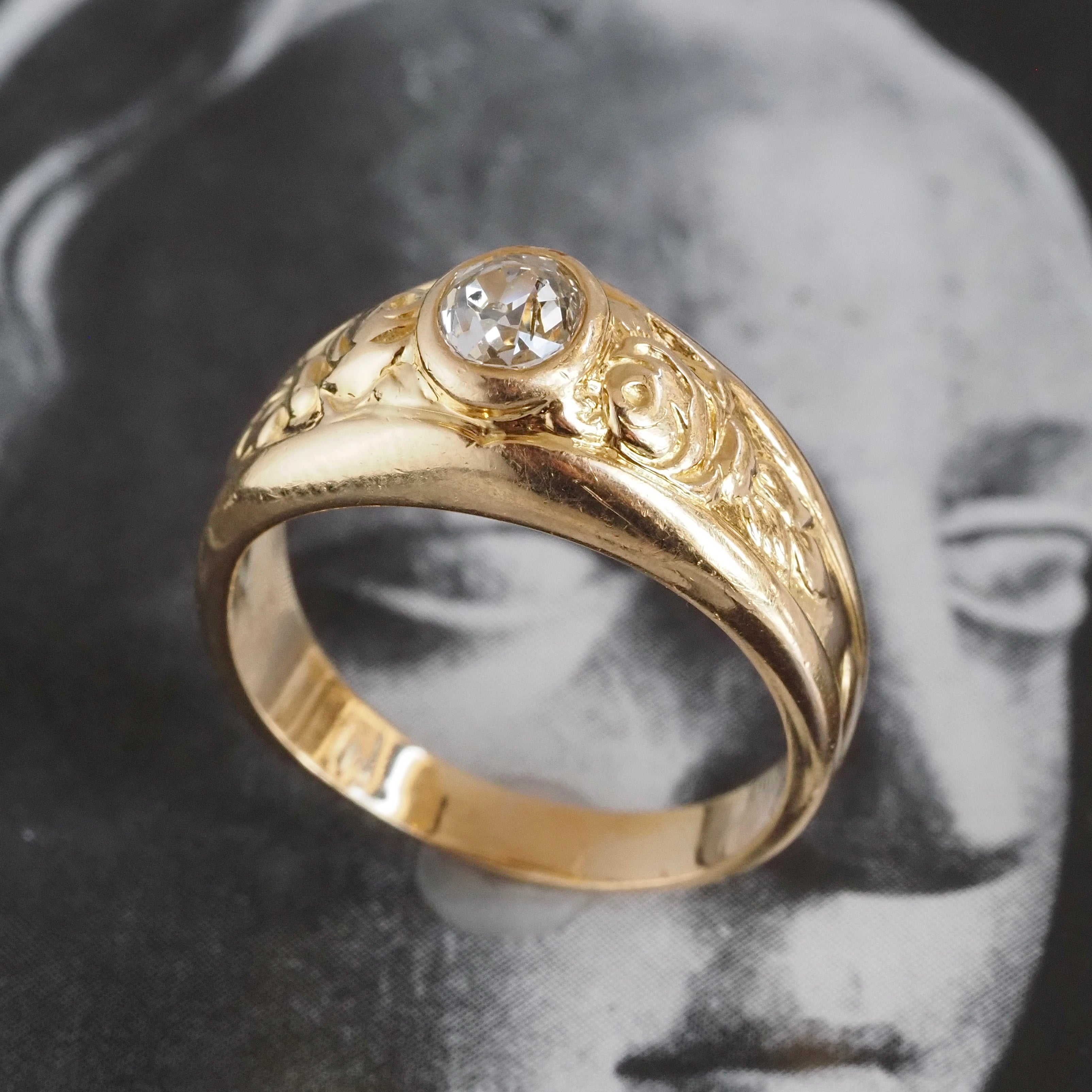 Vintage Bezel Set Old Mine Cut Diamond 18k Gold Dome Floral Engagement Ring