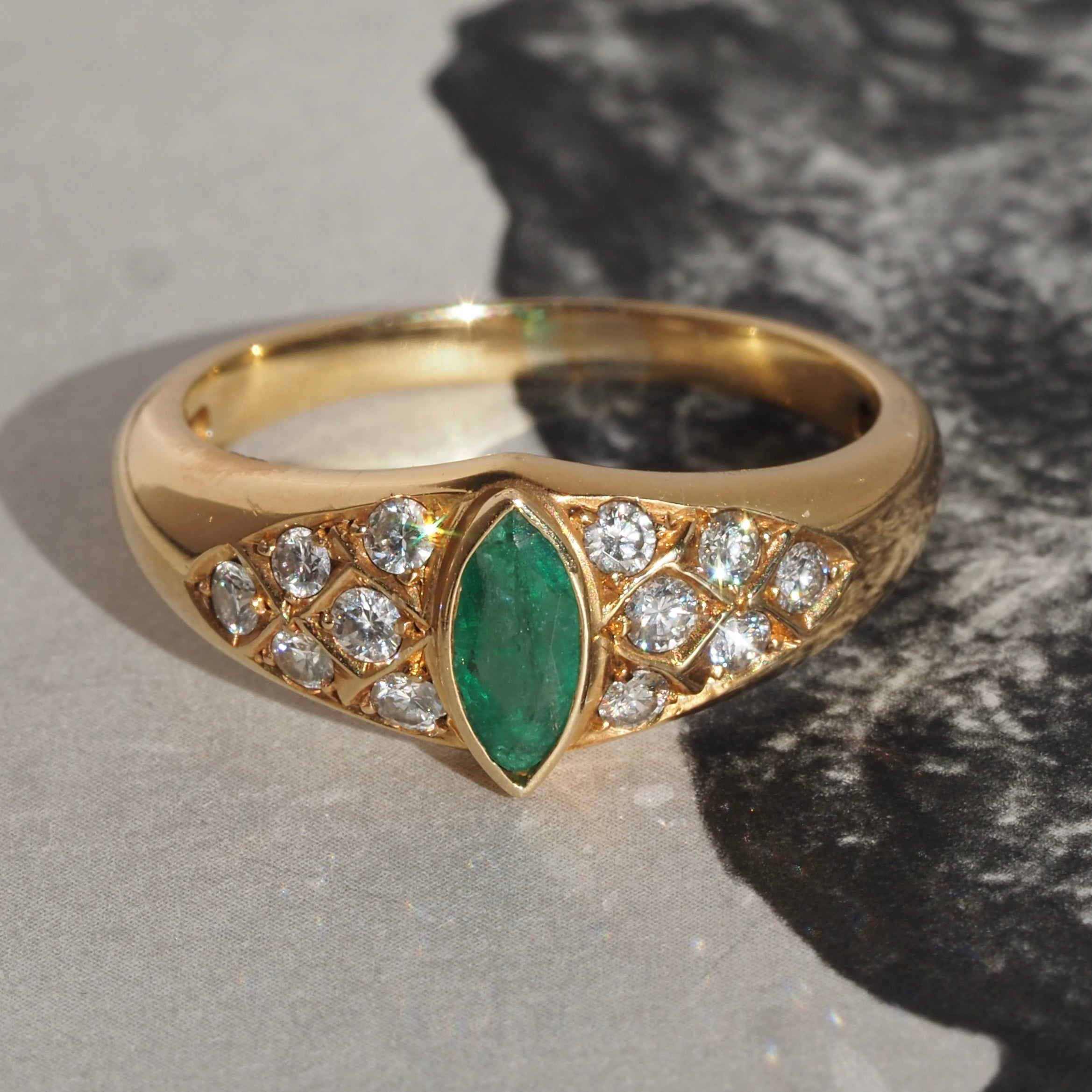 Vintage Marquis Emerald and Diamond 18k Gold Ring