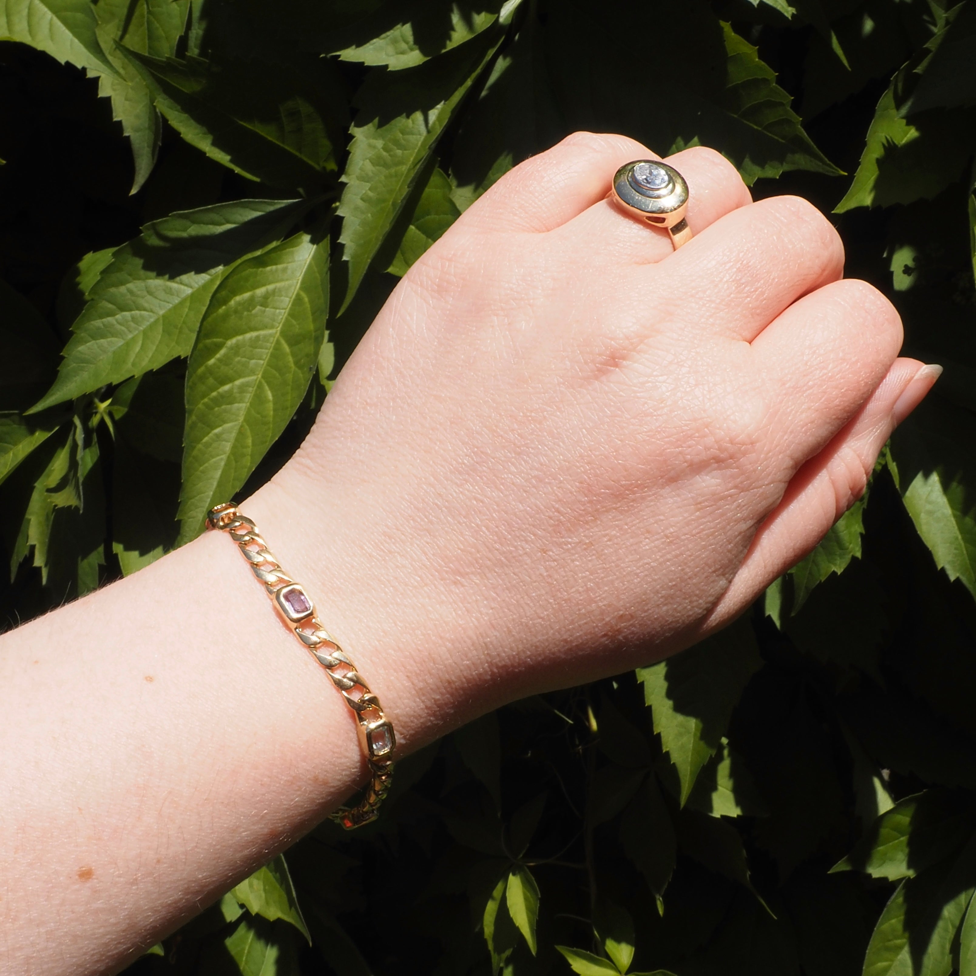 Vintage 14k Gold Curb Station Bracelet with Citrine Peridot Amethyst Garnet and Topaz