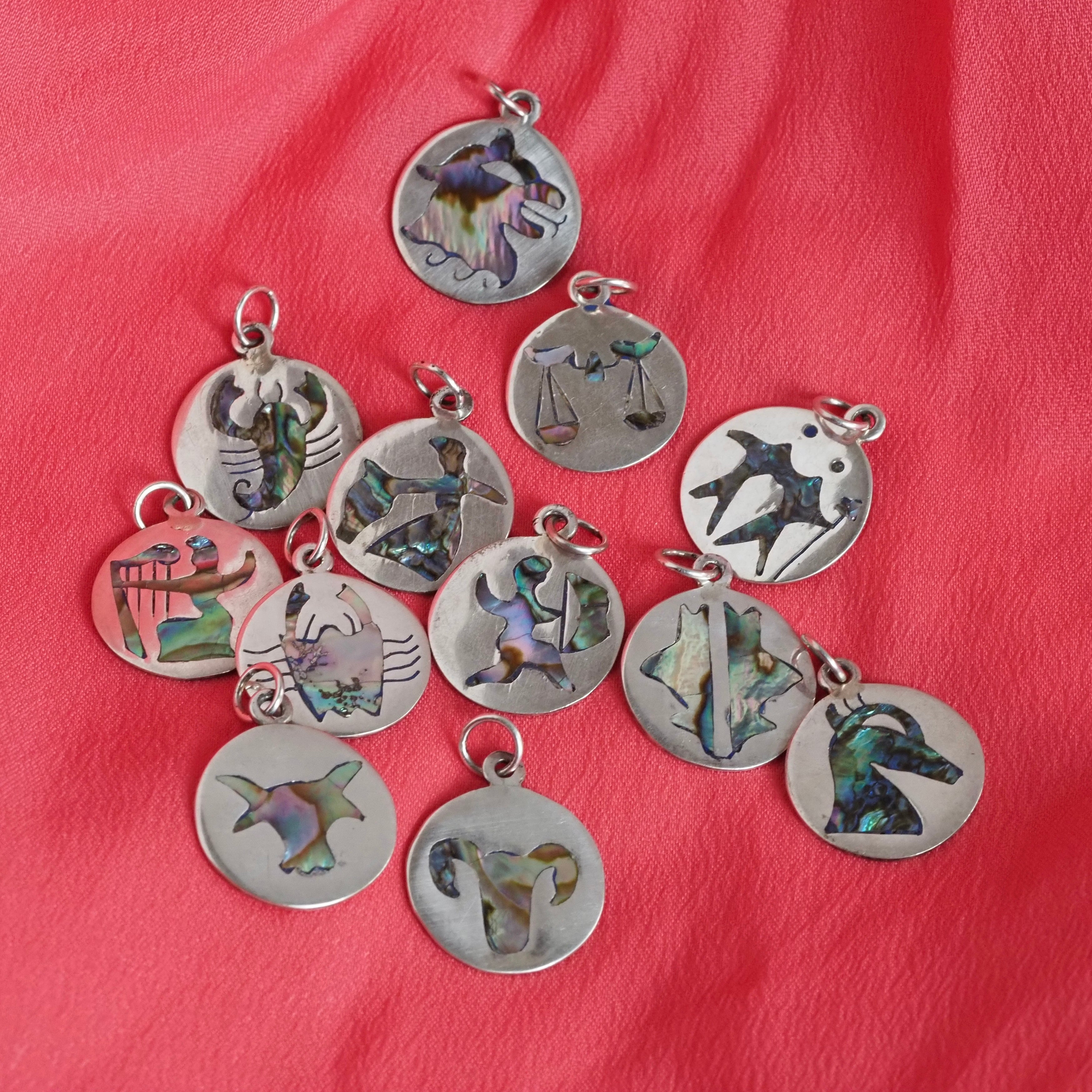 Mid Century Mexican Abalone Sterling Silver Zodiac Pendants