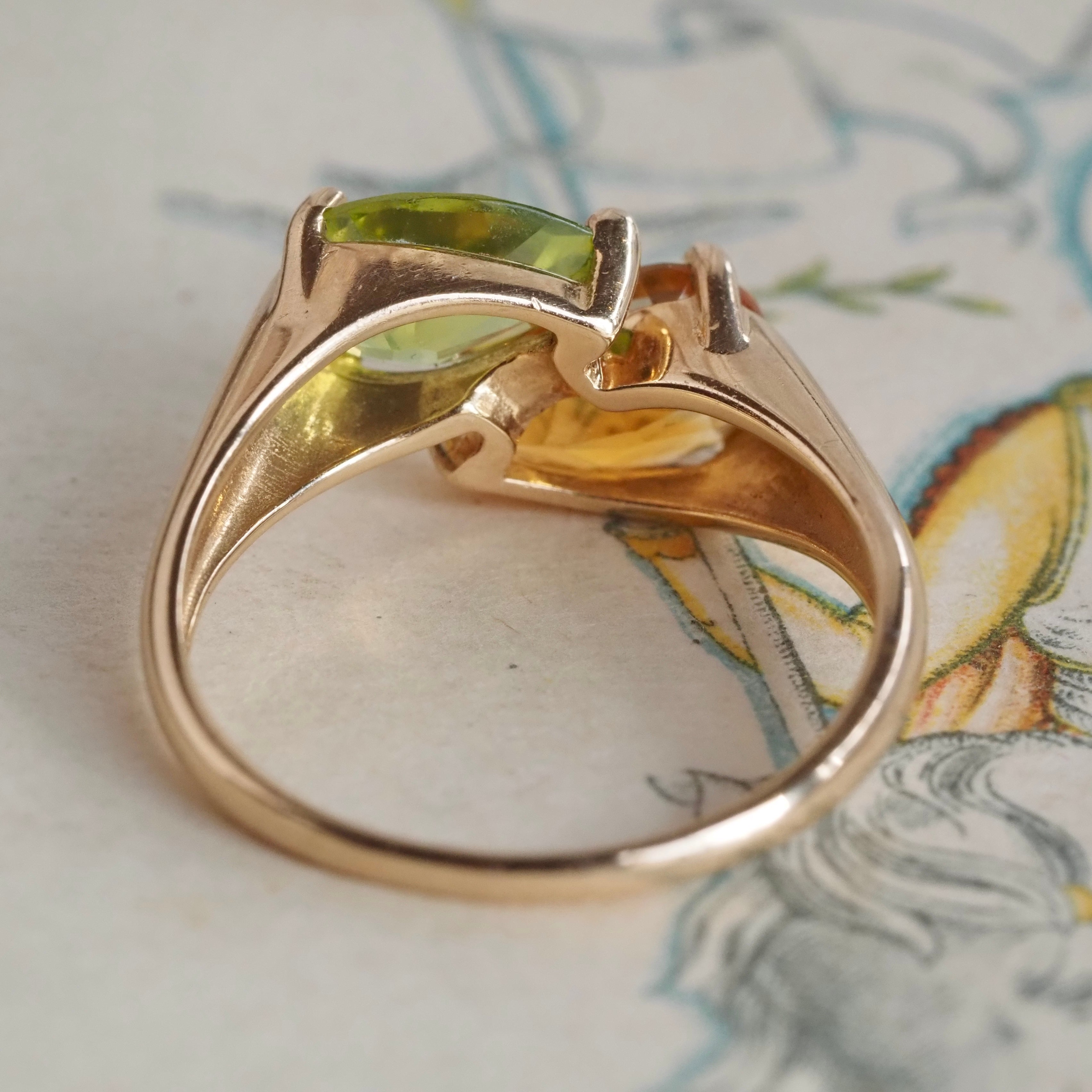 Vintage Pear Shaped Peridot and Citrine 14k Gold Ring