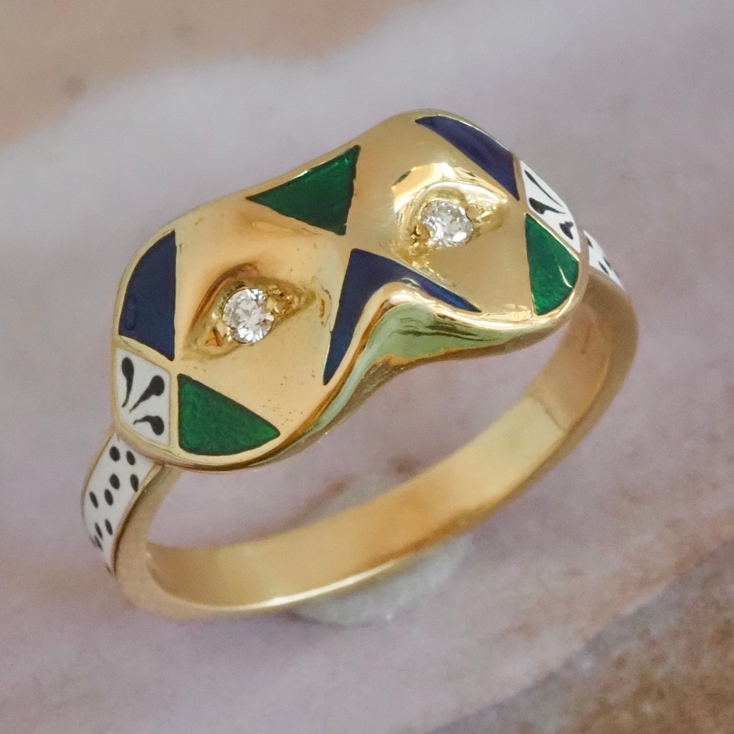 English Painted Mask Diamond and Enamel 18k Gold Ring