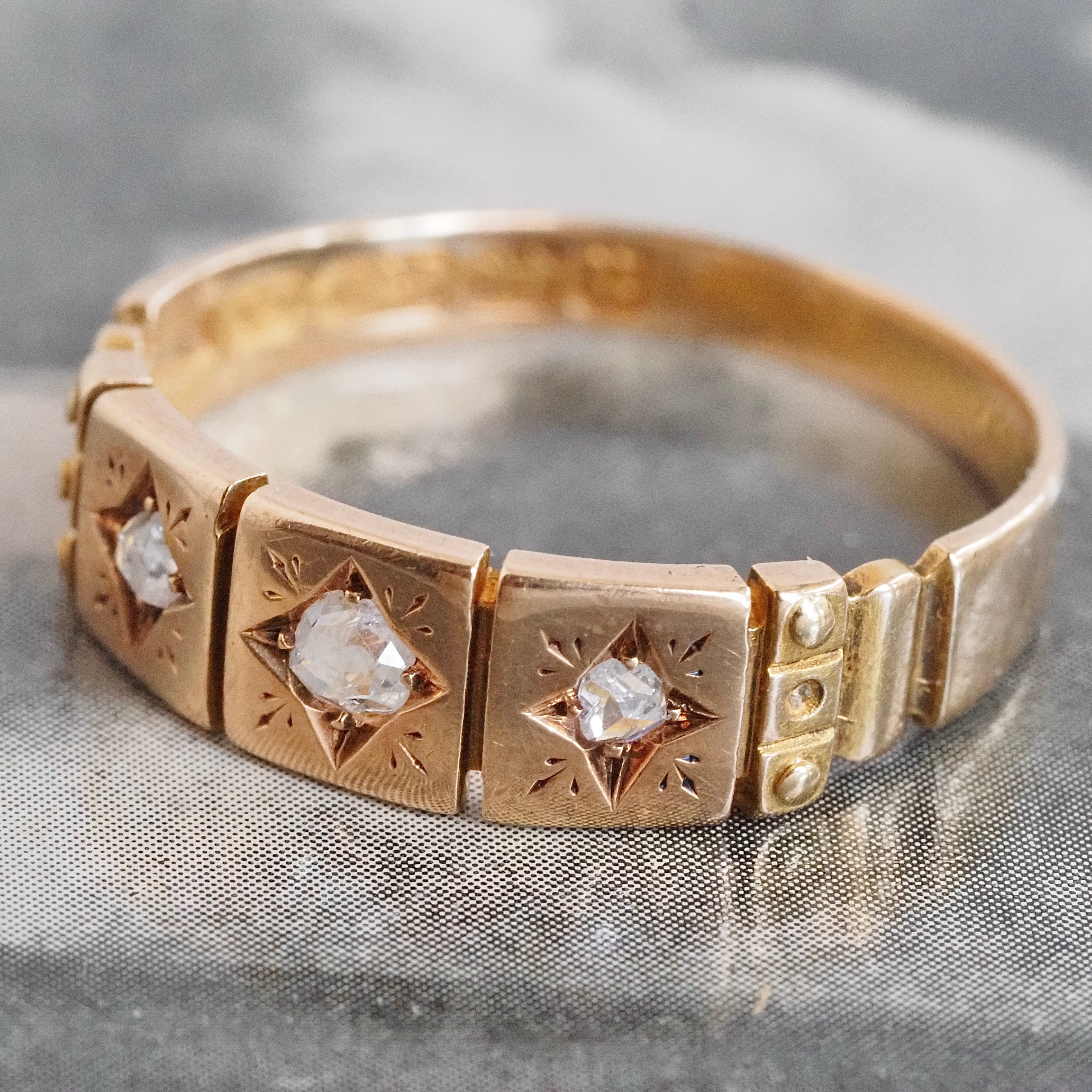Antique Victorian English c. 1894 Rose Cut Diamond Trilogy 15k Gold Panel Ring