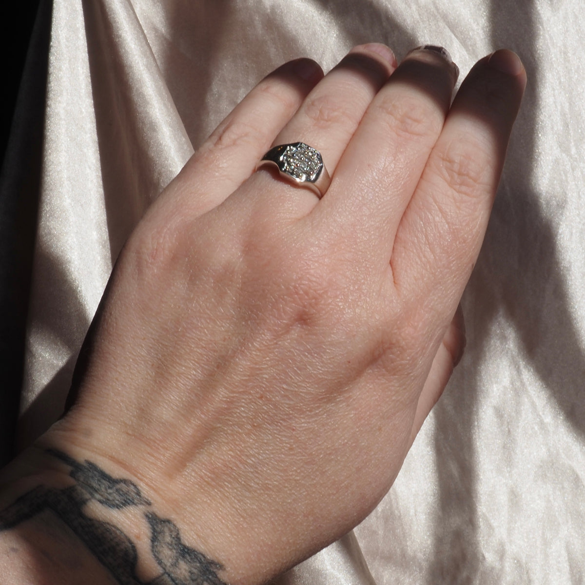Vintage Squared Diamond 14k White Gold Signet Ring