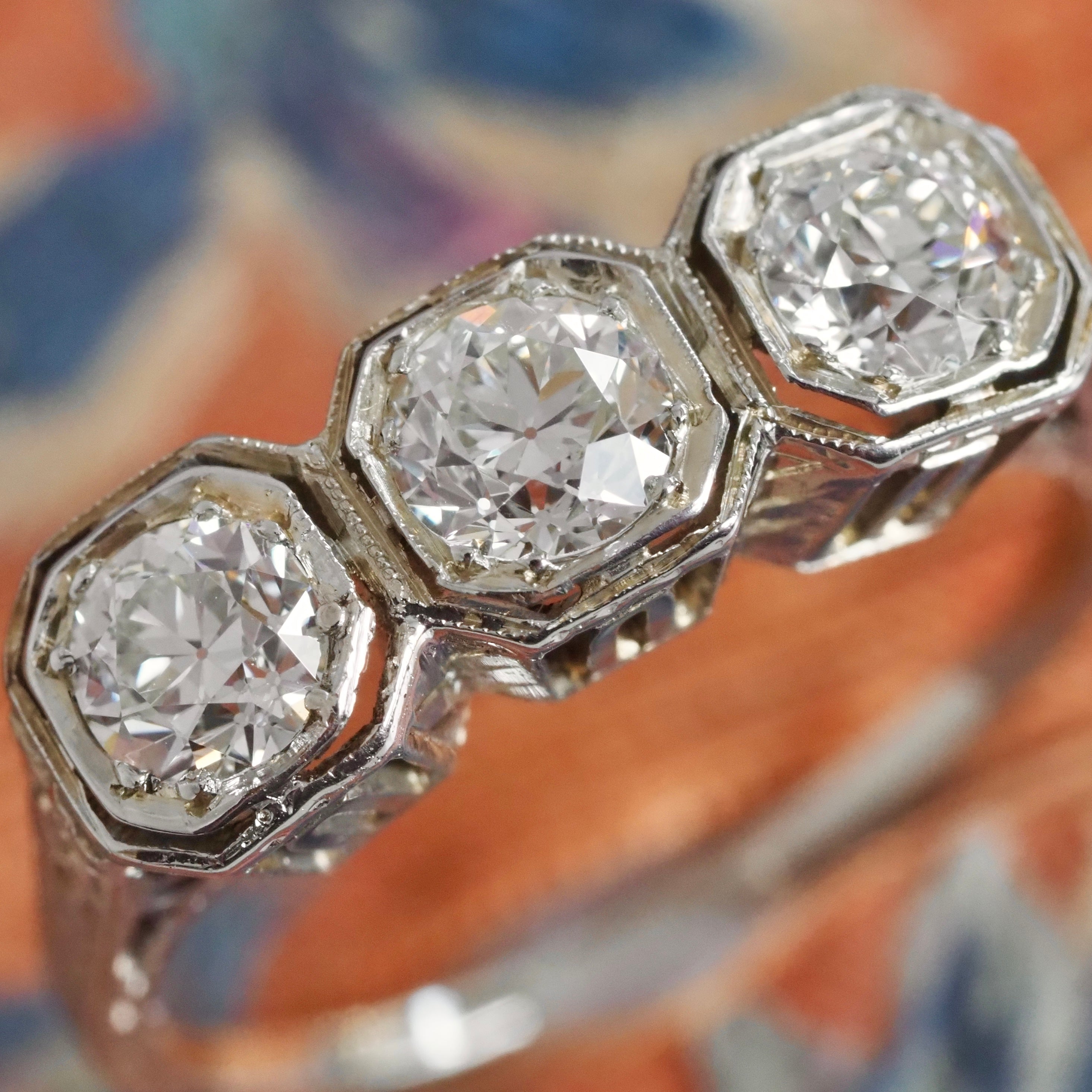 Antique Art Deco c.1914 18k Gold Old European Cut Diamond Trilogy Ring