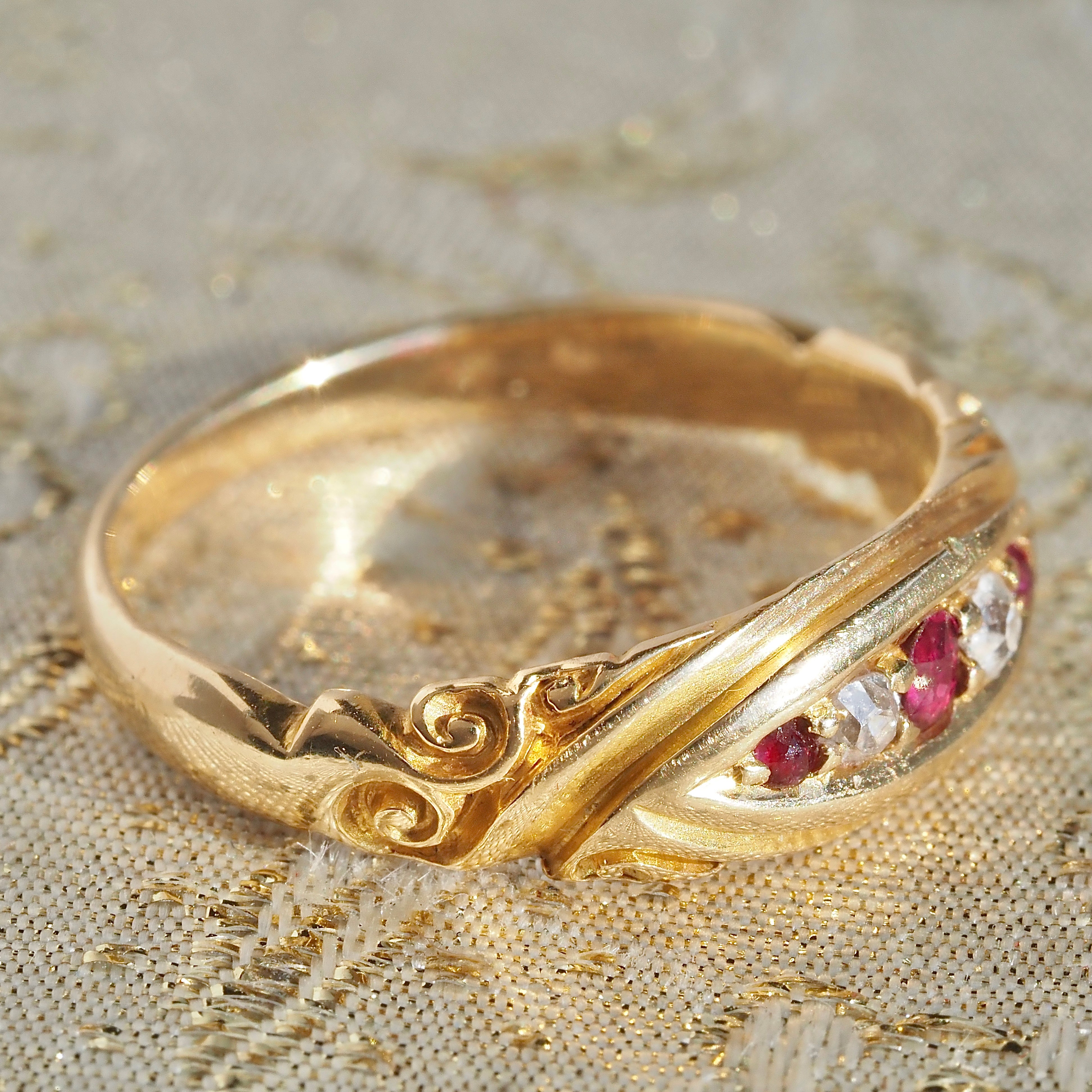 Antique English c. 1895 Old Mine Cut Diamond and Ruby Boat Ring