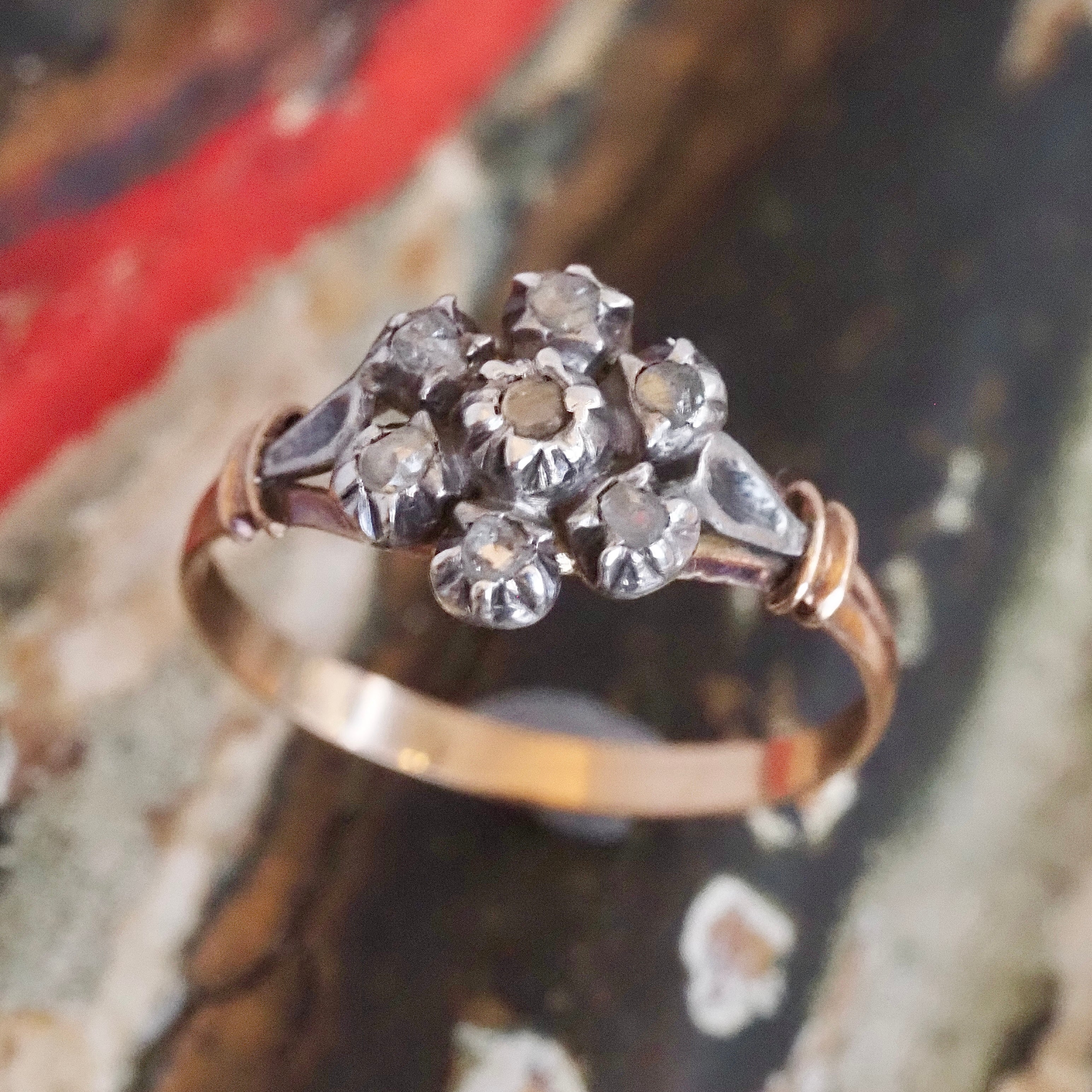 Antique Portuguese Rose Cut Diamond Cluster 19k Gold & Silver Ring