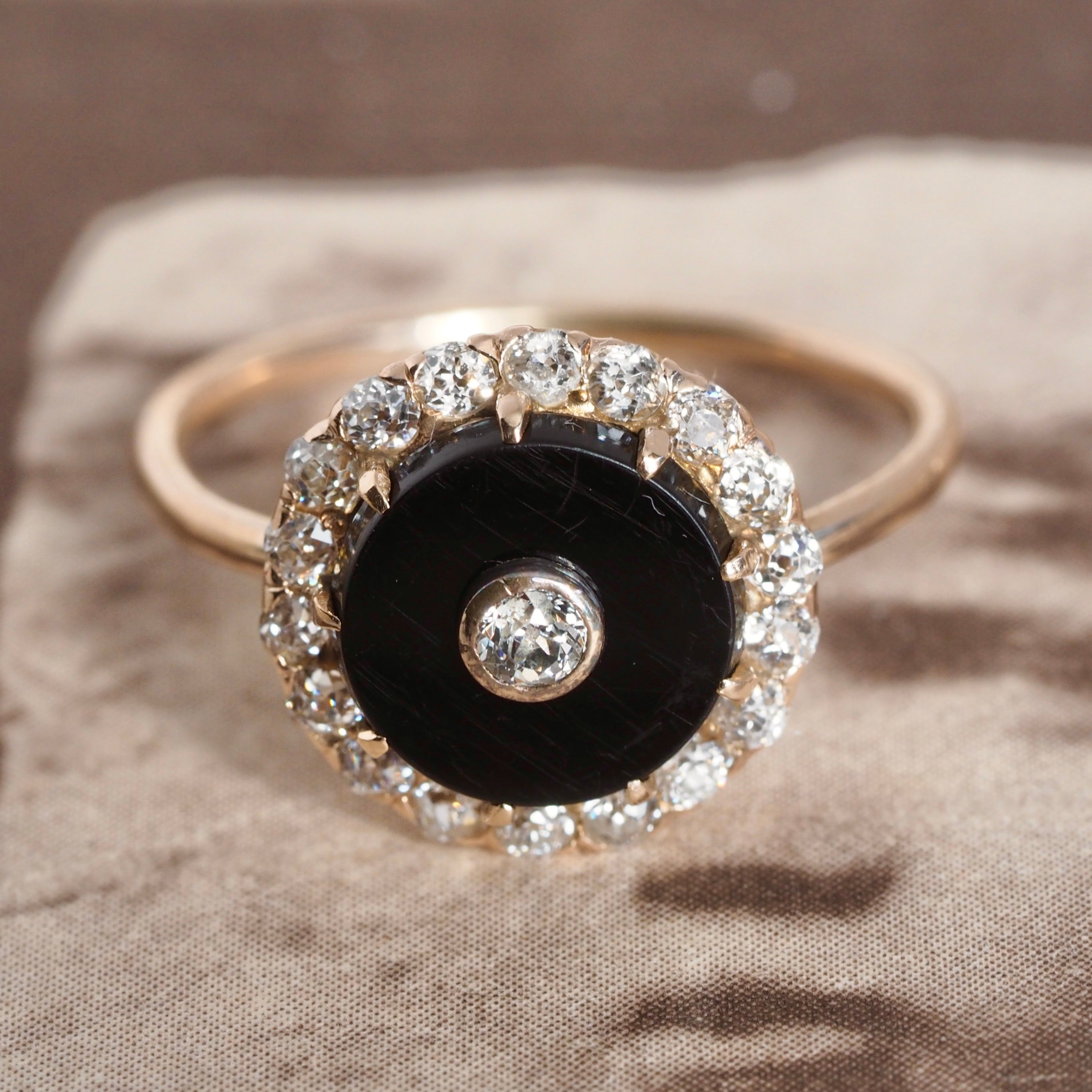 Antique Art Deco 14k Gold Onyx and Diamond Bullseye Ring