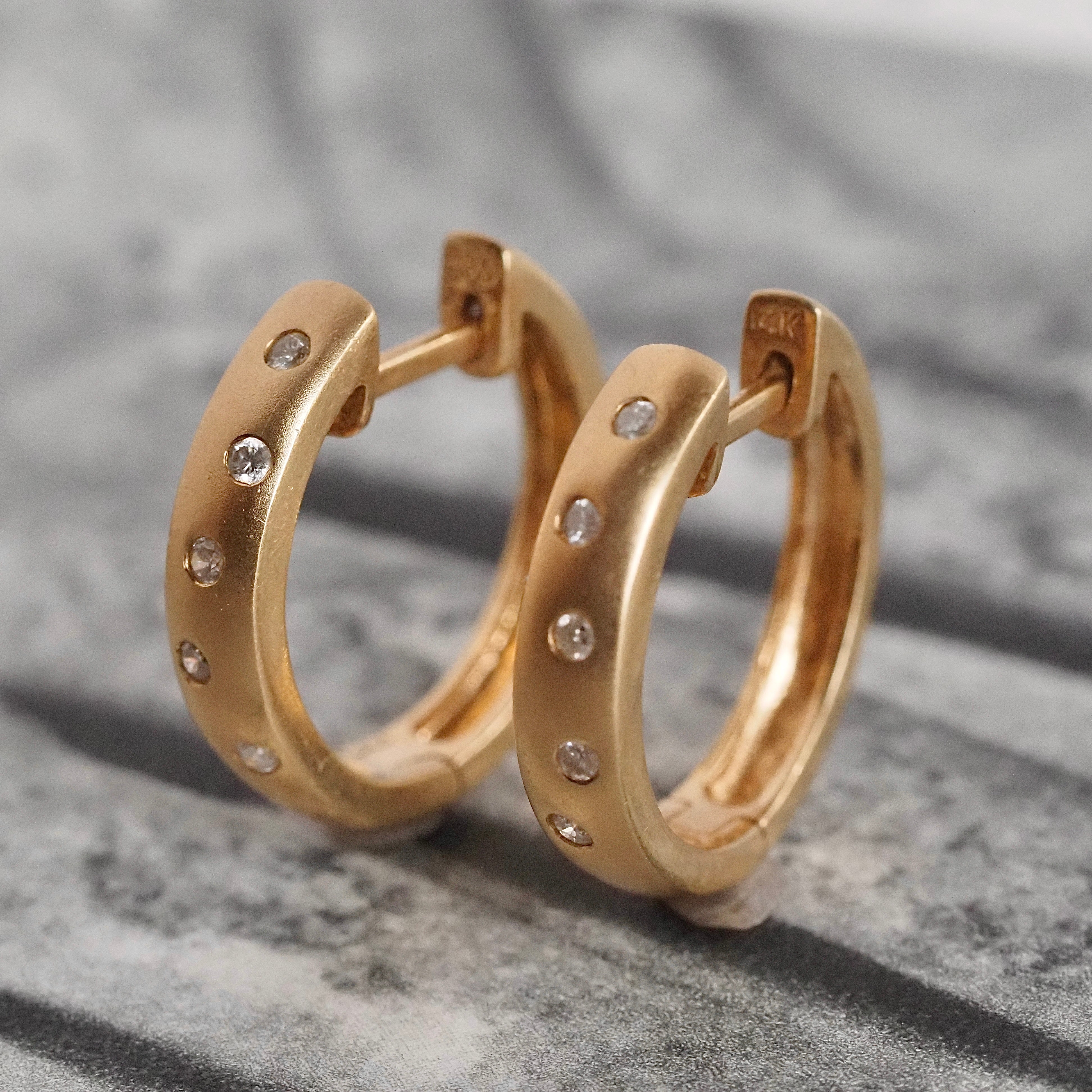 Vintage Diamond Huggie 14k Gold Hoops