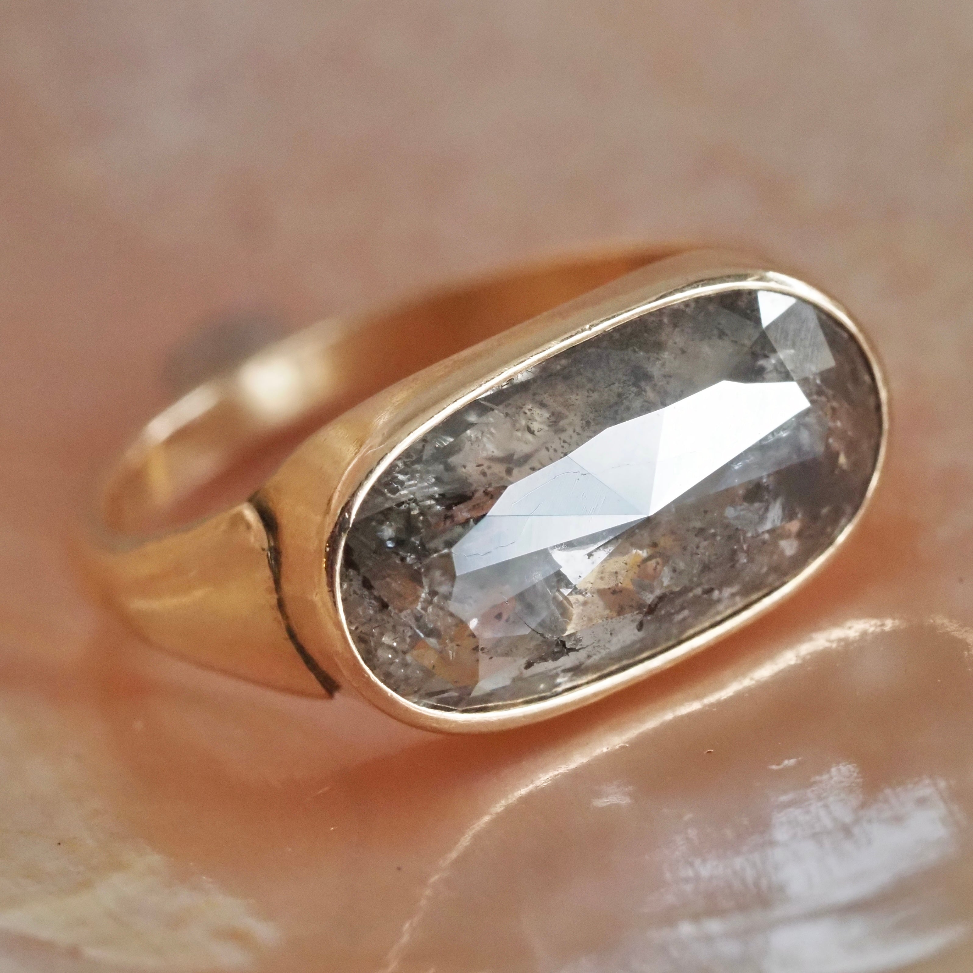 East West Salt and Pepper Rose Cut Diamond Solitaire 14k Gold Engagement Ring