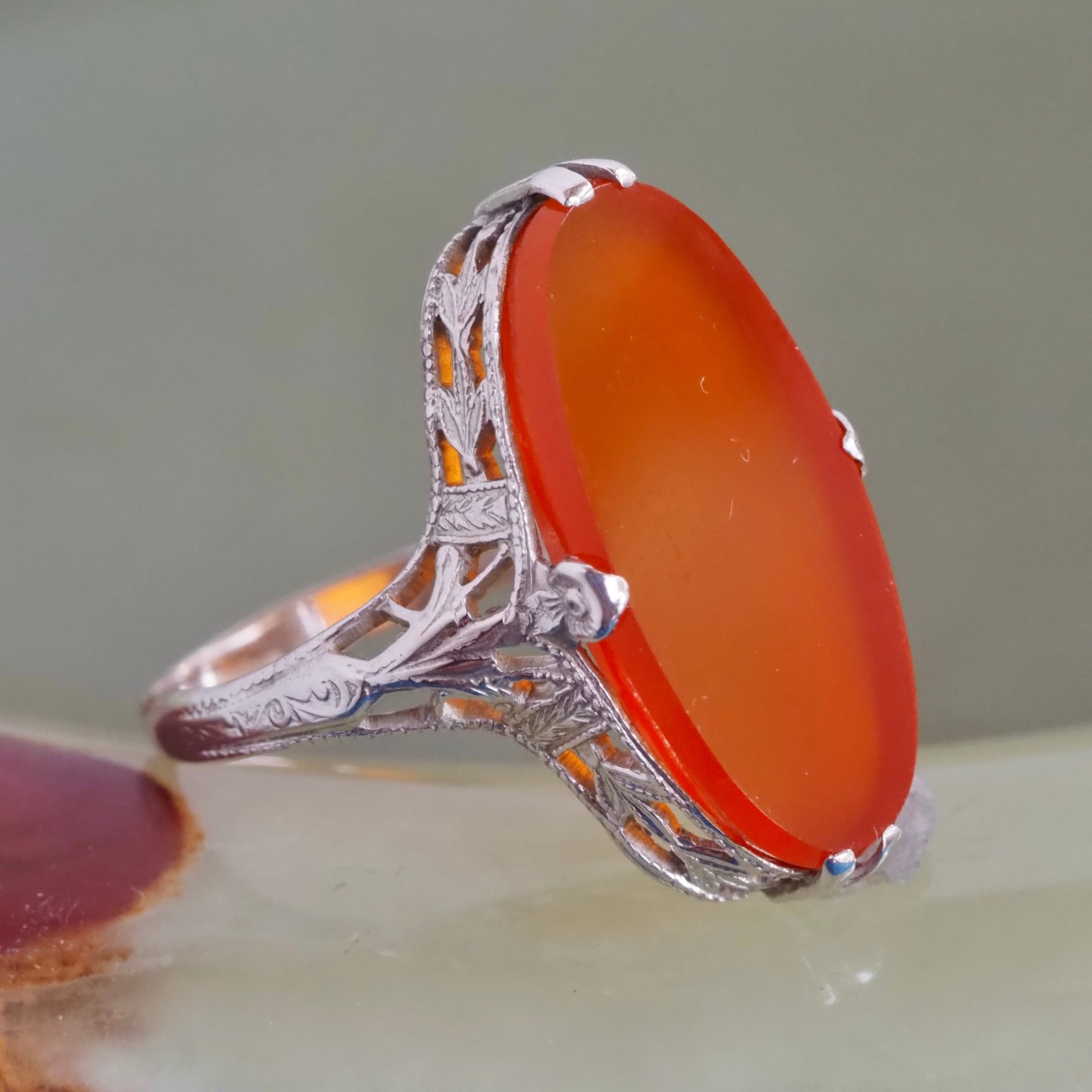 Antique Art Deco 14k White Gold Filigree Carnelian Ring