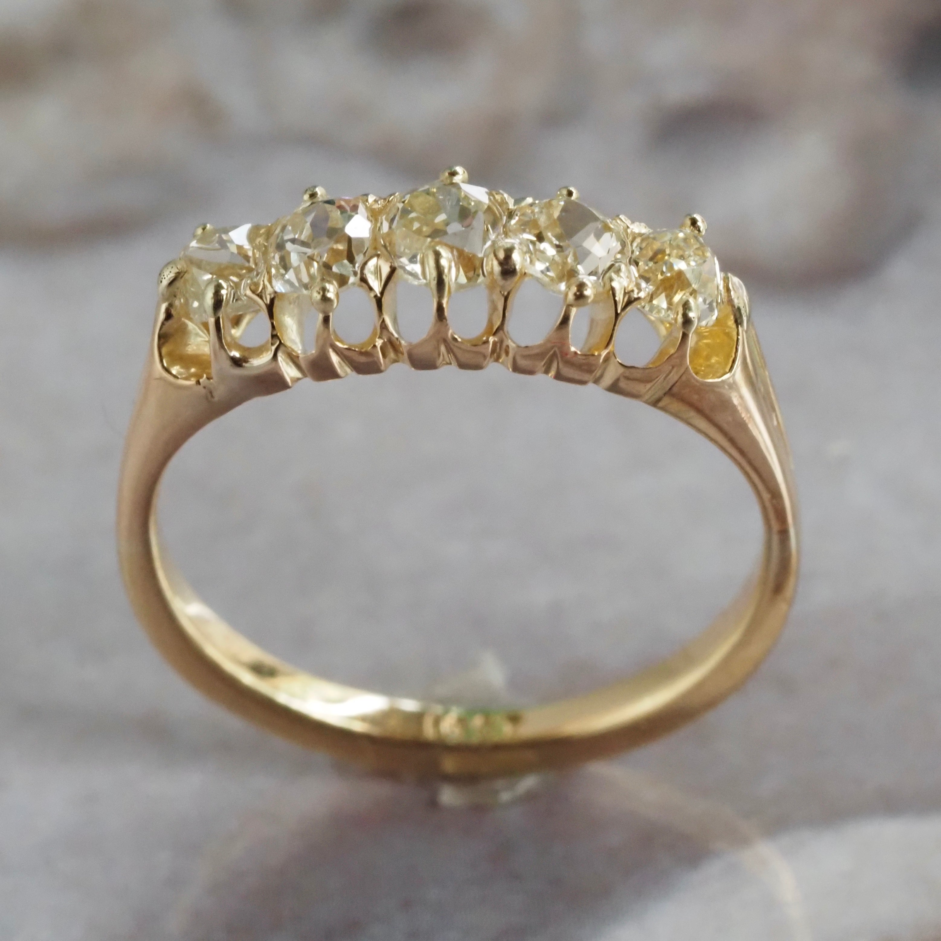 Antique English Five Stone Old Mine Cut Diamond 18k Gold Ring