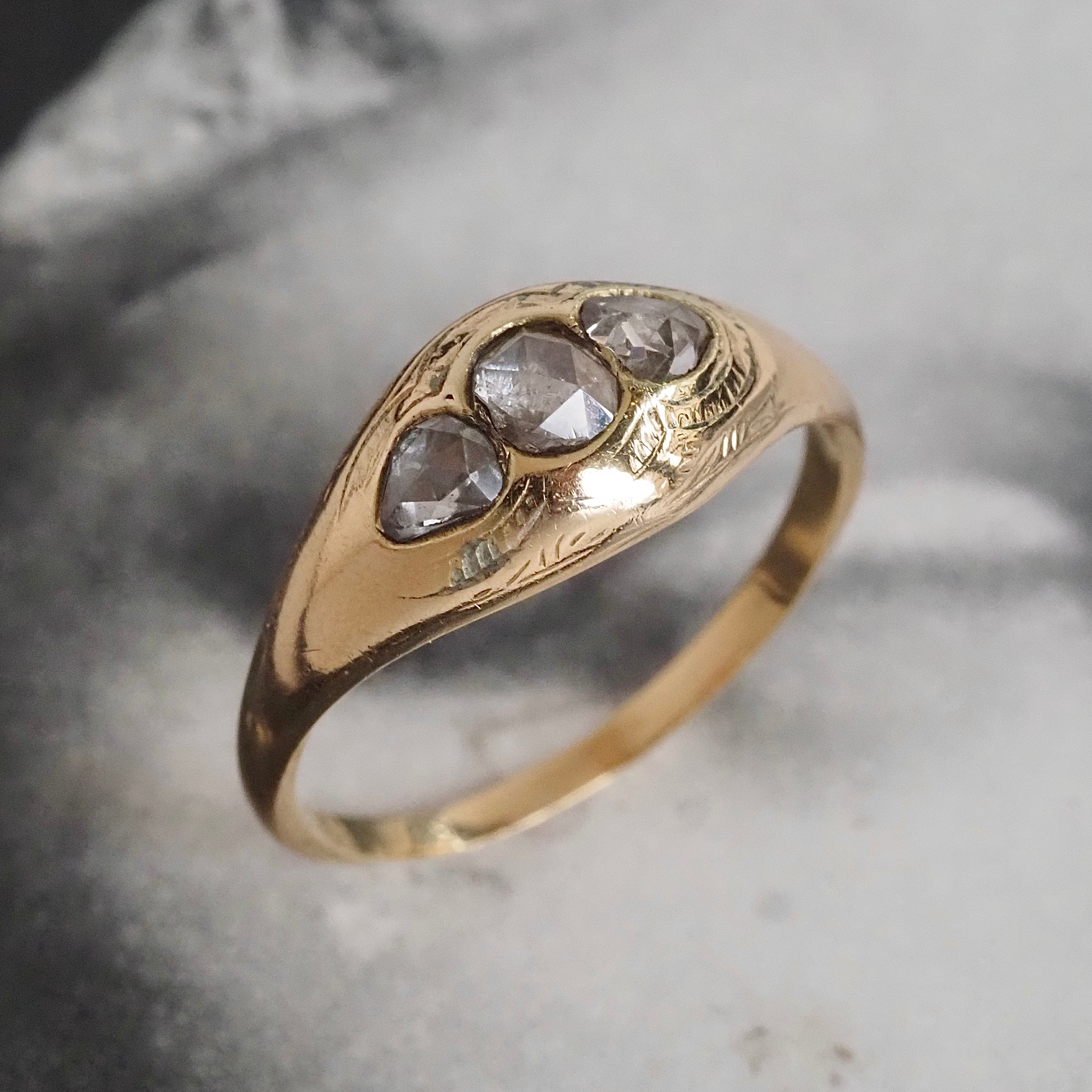 Antique French Rose Cut Diamond Trilogy 18k Gold Ring