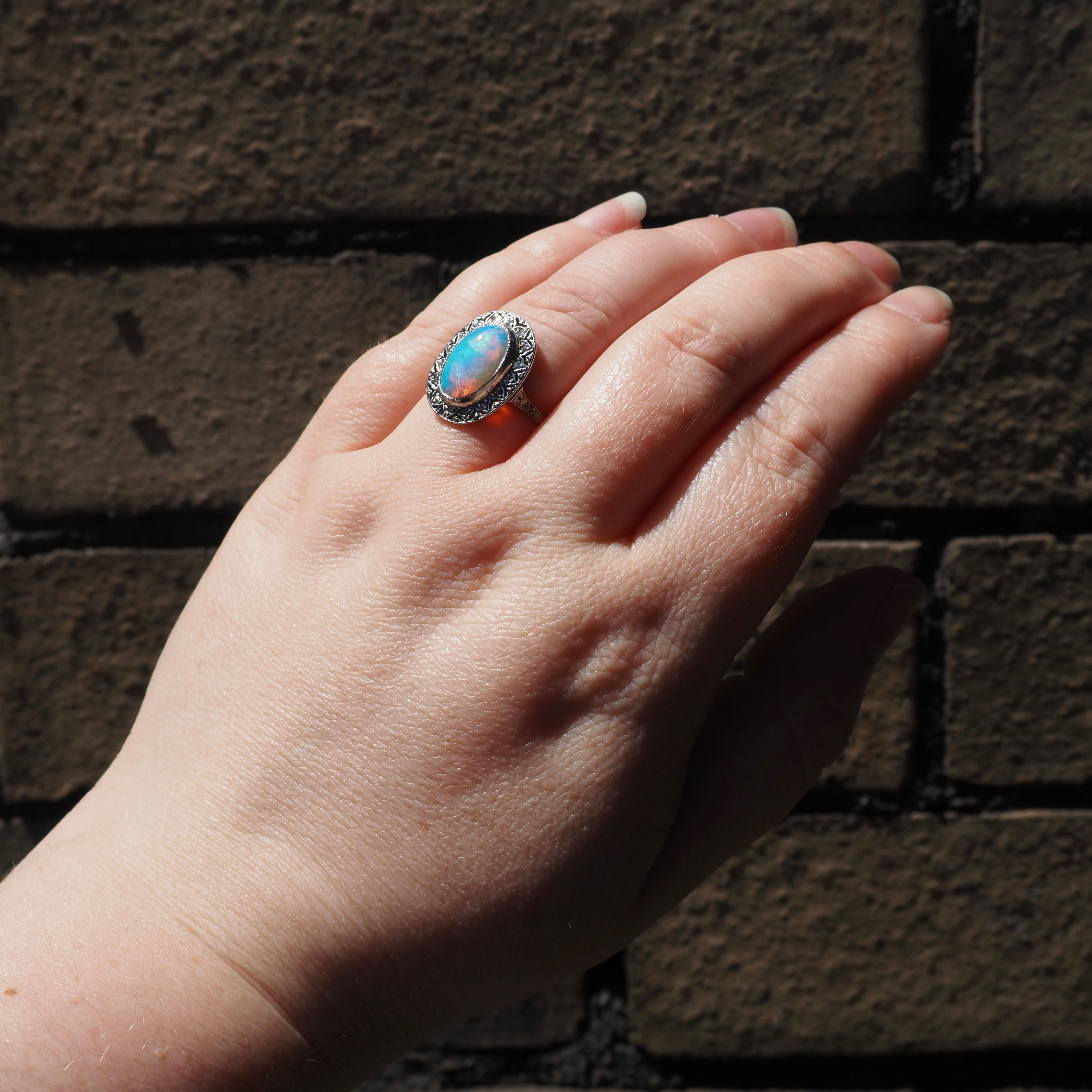 Vintage Art Deco Style Platinum Opal and Diamond Halo Ring