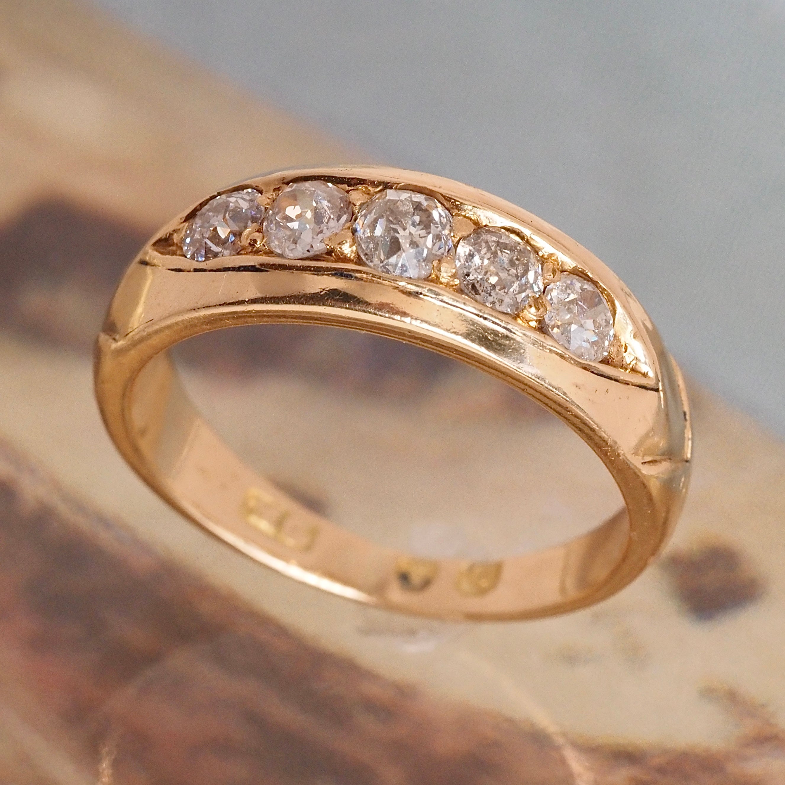 Midcentury c. 1951 English 18k Gold Old Mine Cut Diamond Five Stone Boat Engagement Ring