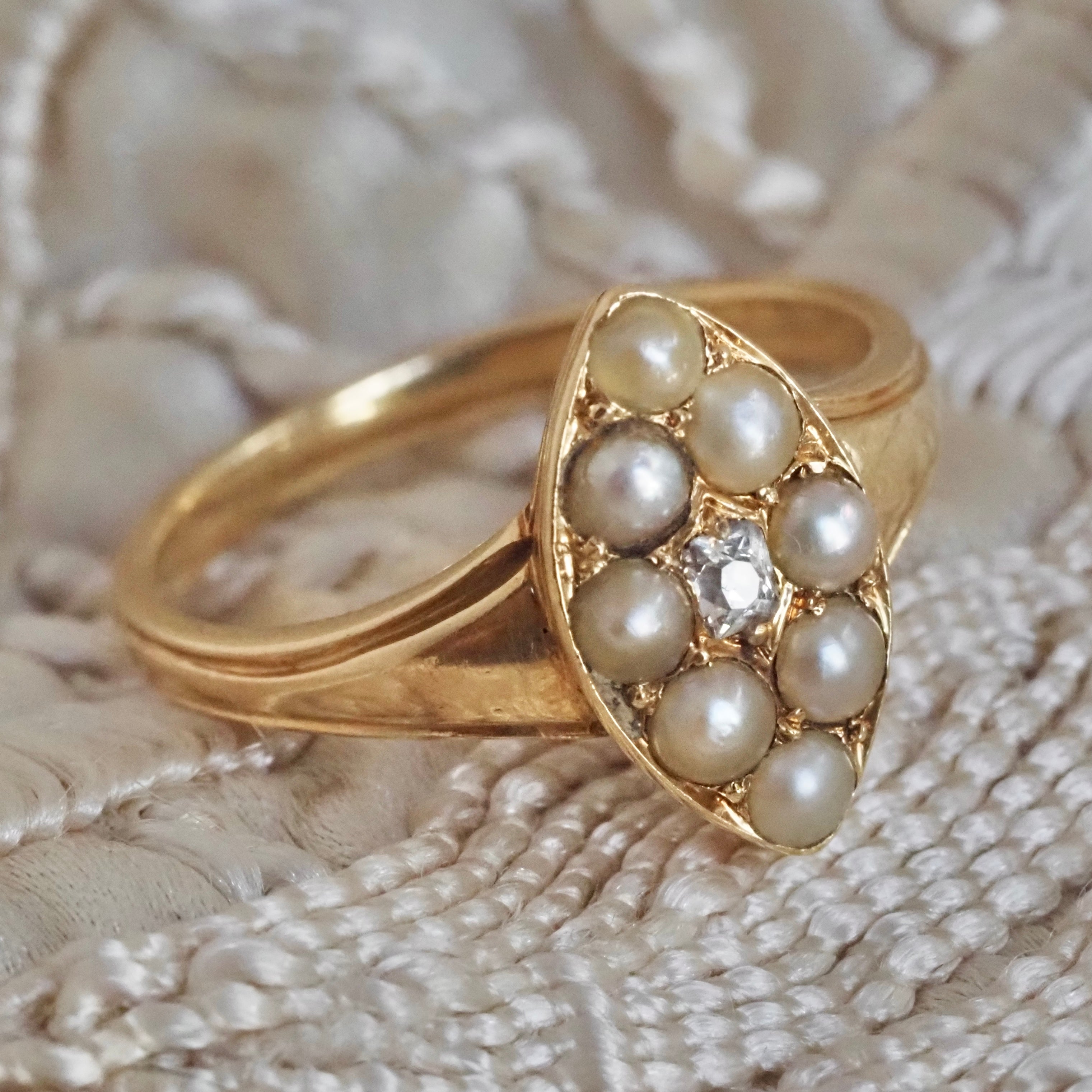 Antique Early Victorian Peruzzi Diamond Natural Seed Pearl 18k Gold Navette Ring