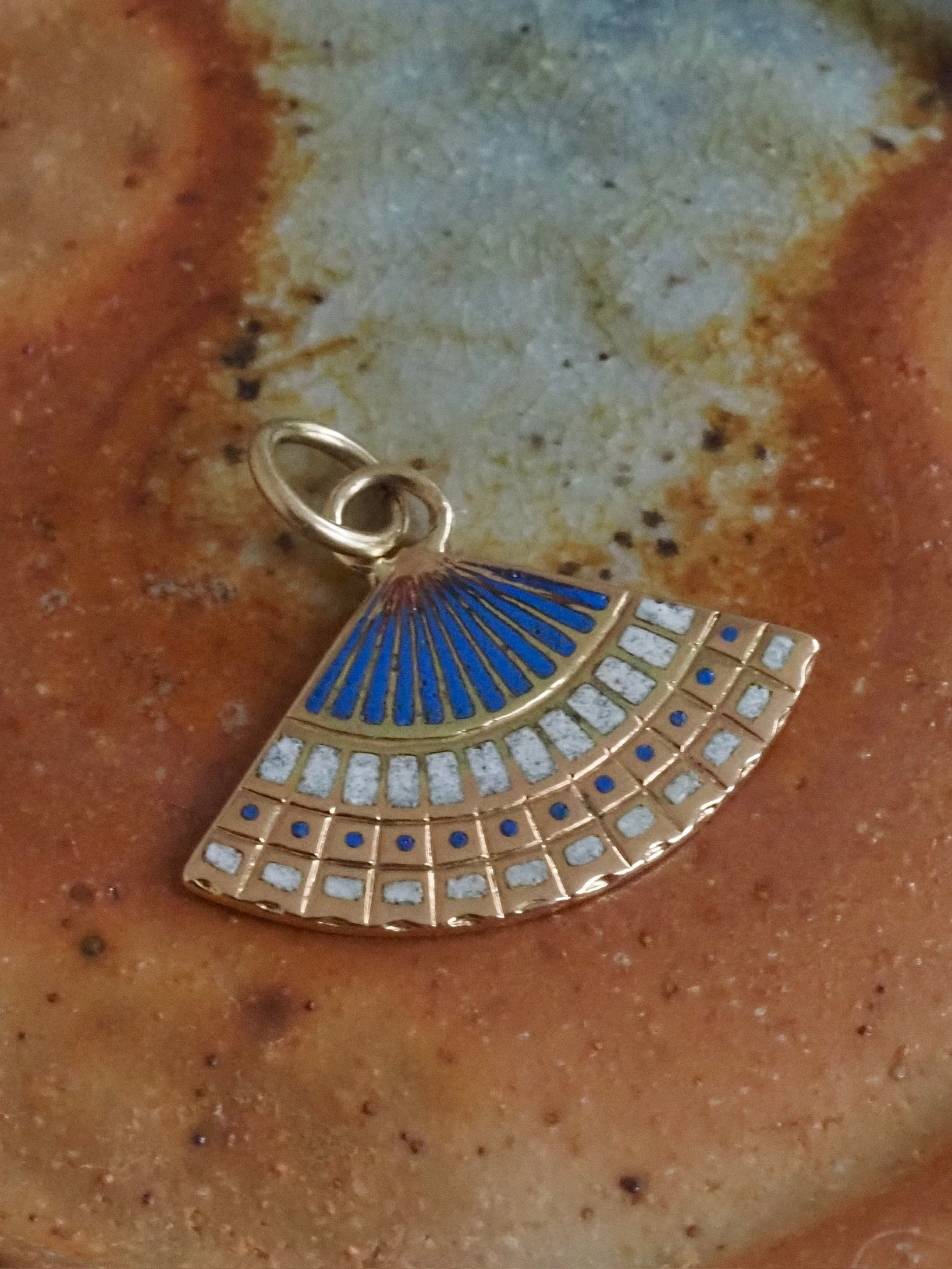 Vintage 14k Gold Blue & White Enamel Fan Charm