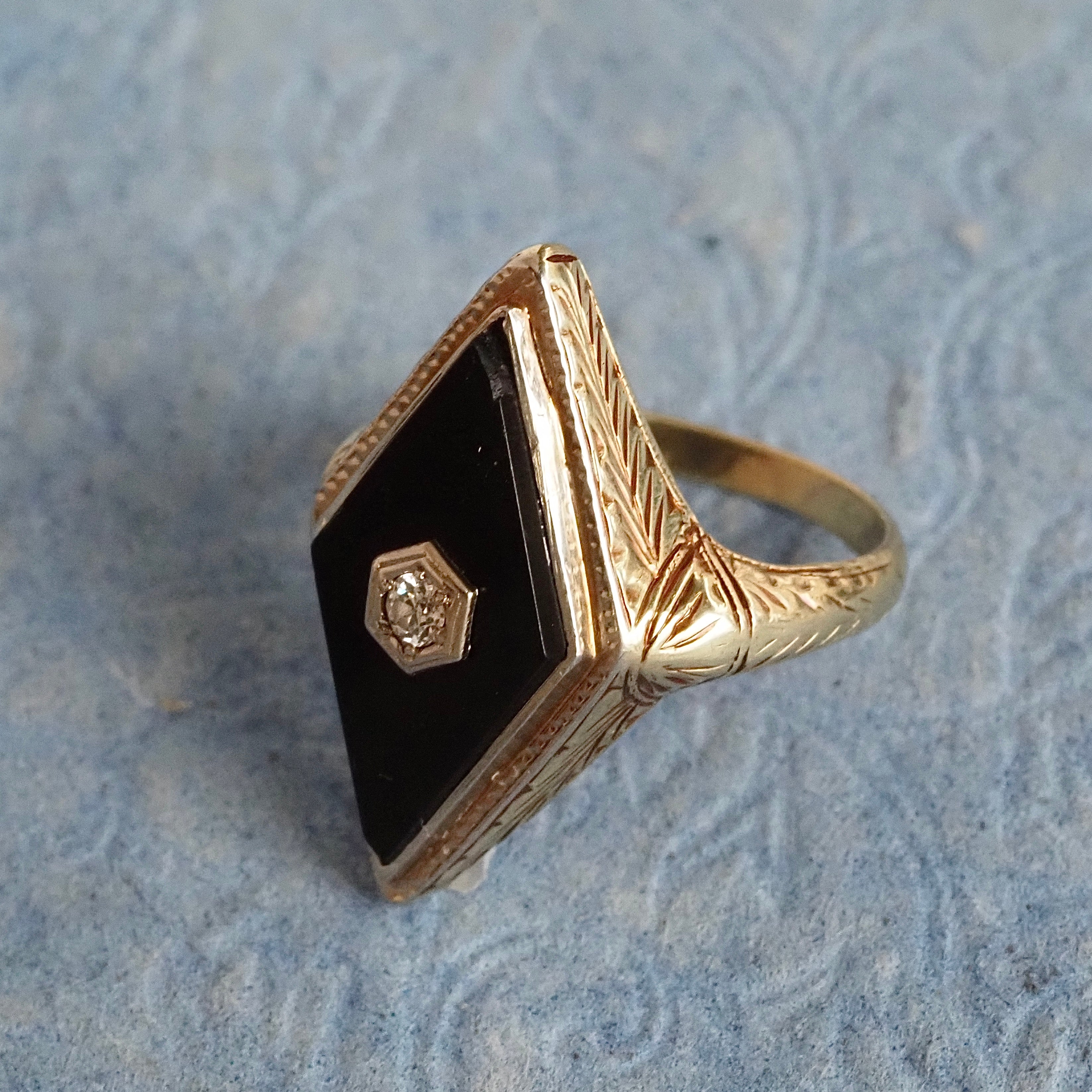 Art Deco Onyx Diamond 14k White Gold Ring