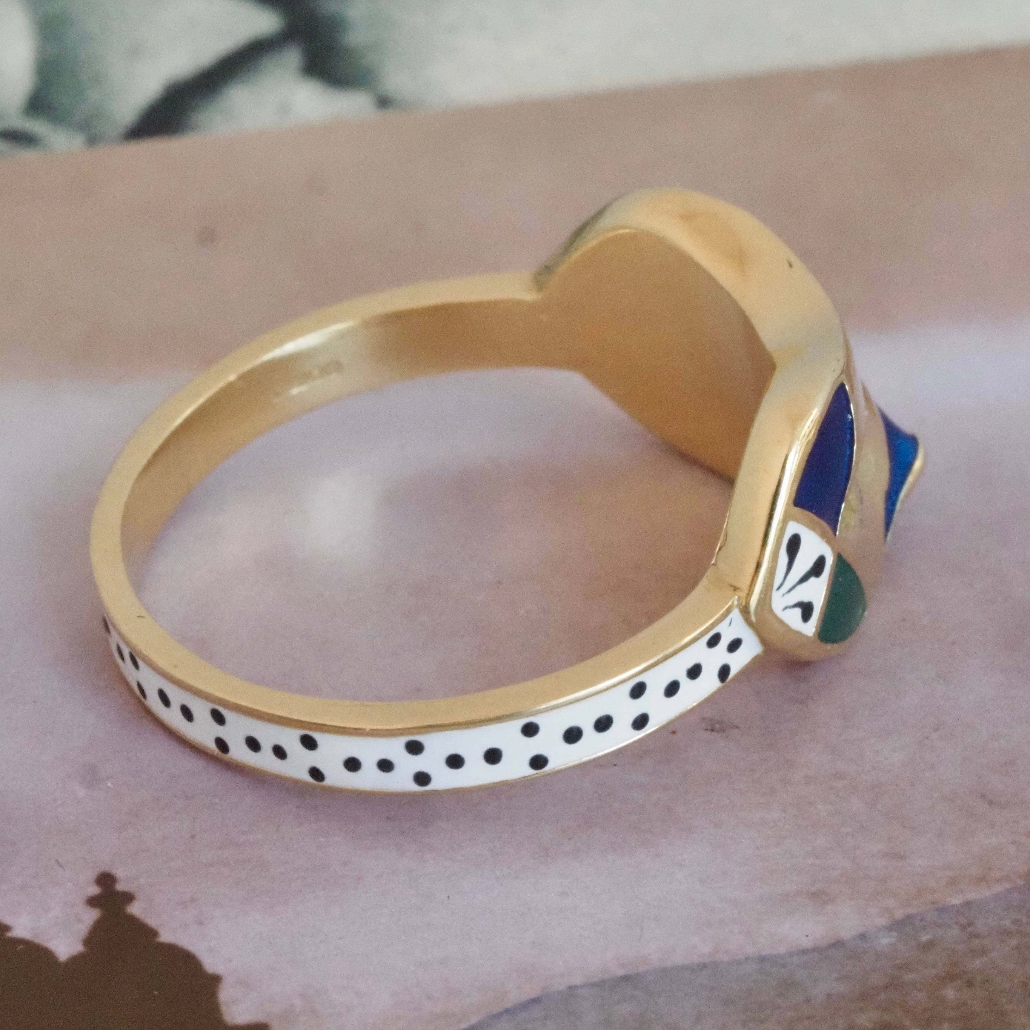 English Painted Mask Diamond and Enamel 18k Gold Ring