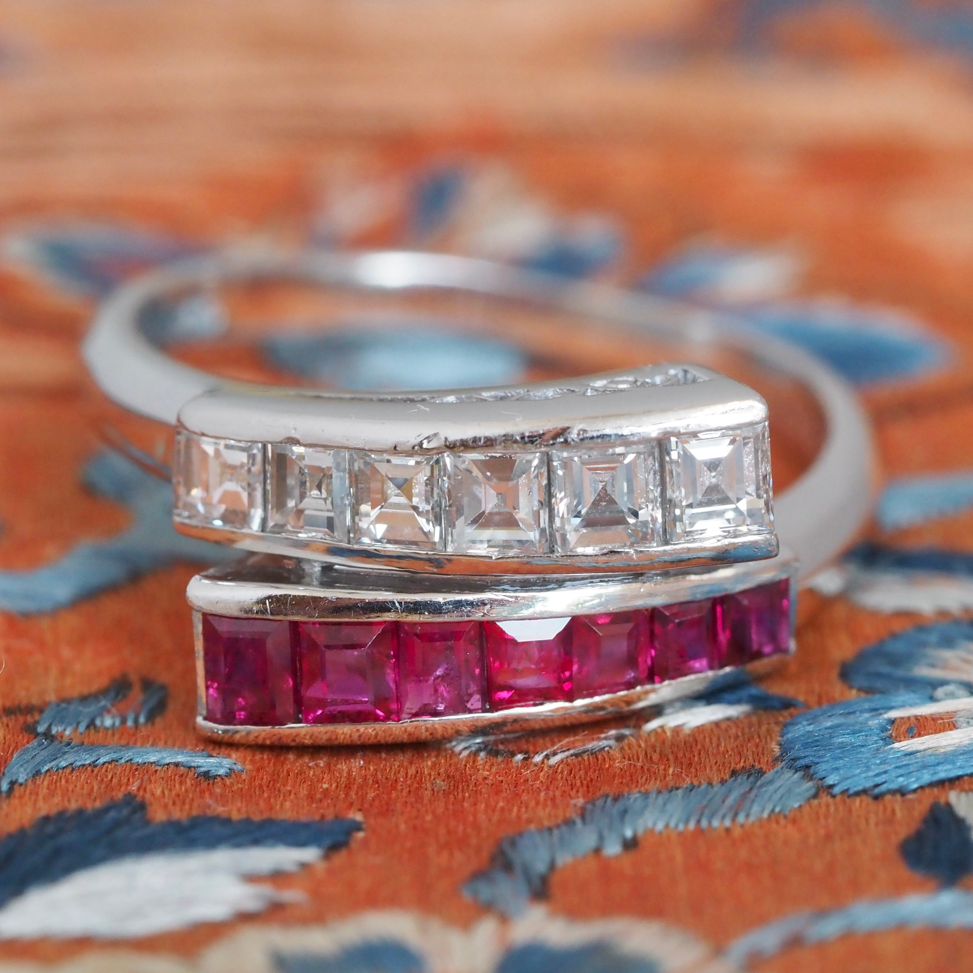 Antique Art Deco Platinum Diamond and Natural Ruby Bypass Ring