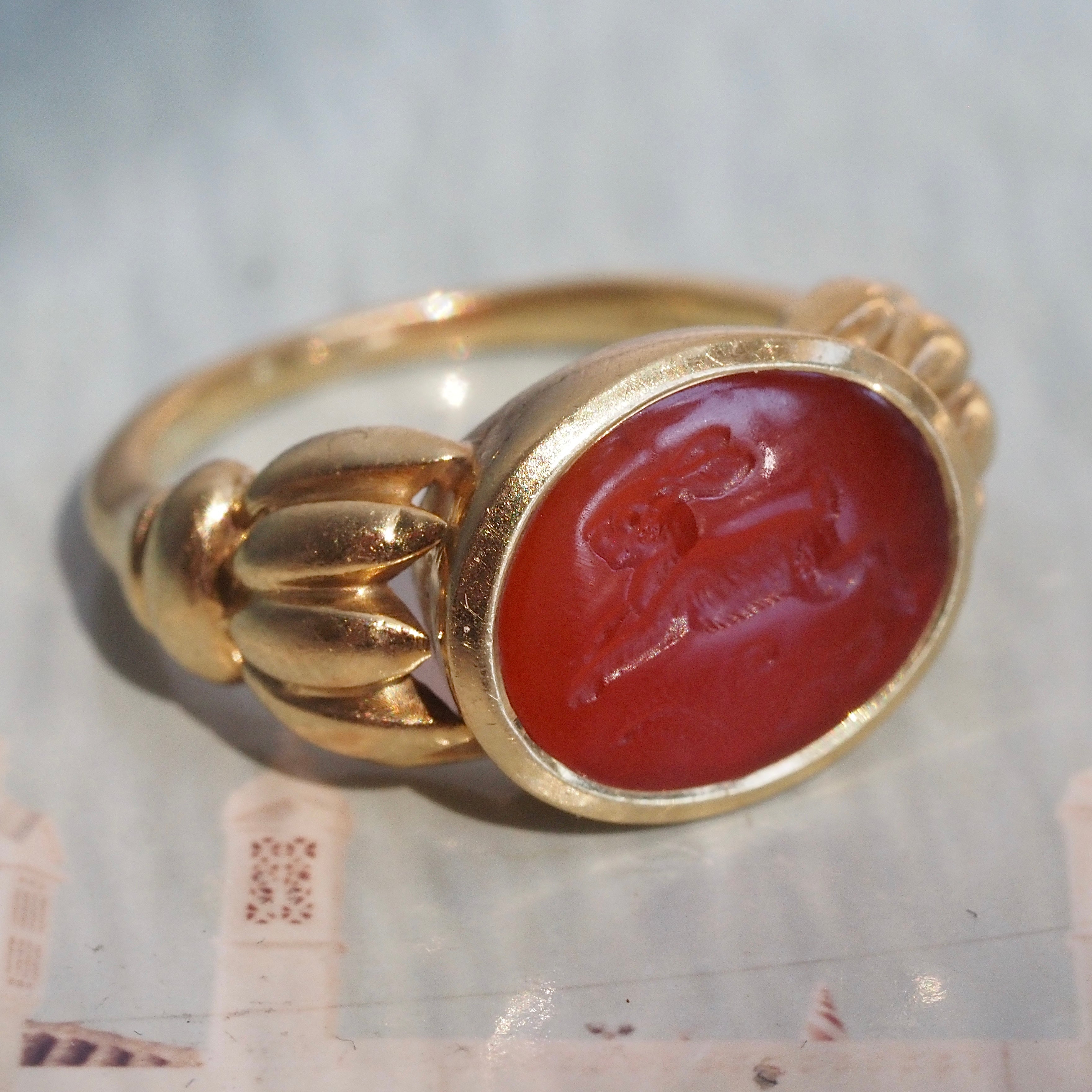 Vintage Carnelian Rabbit Intaglio 18k Gold Signet Ring