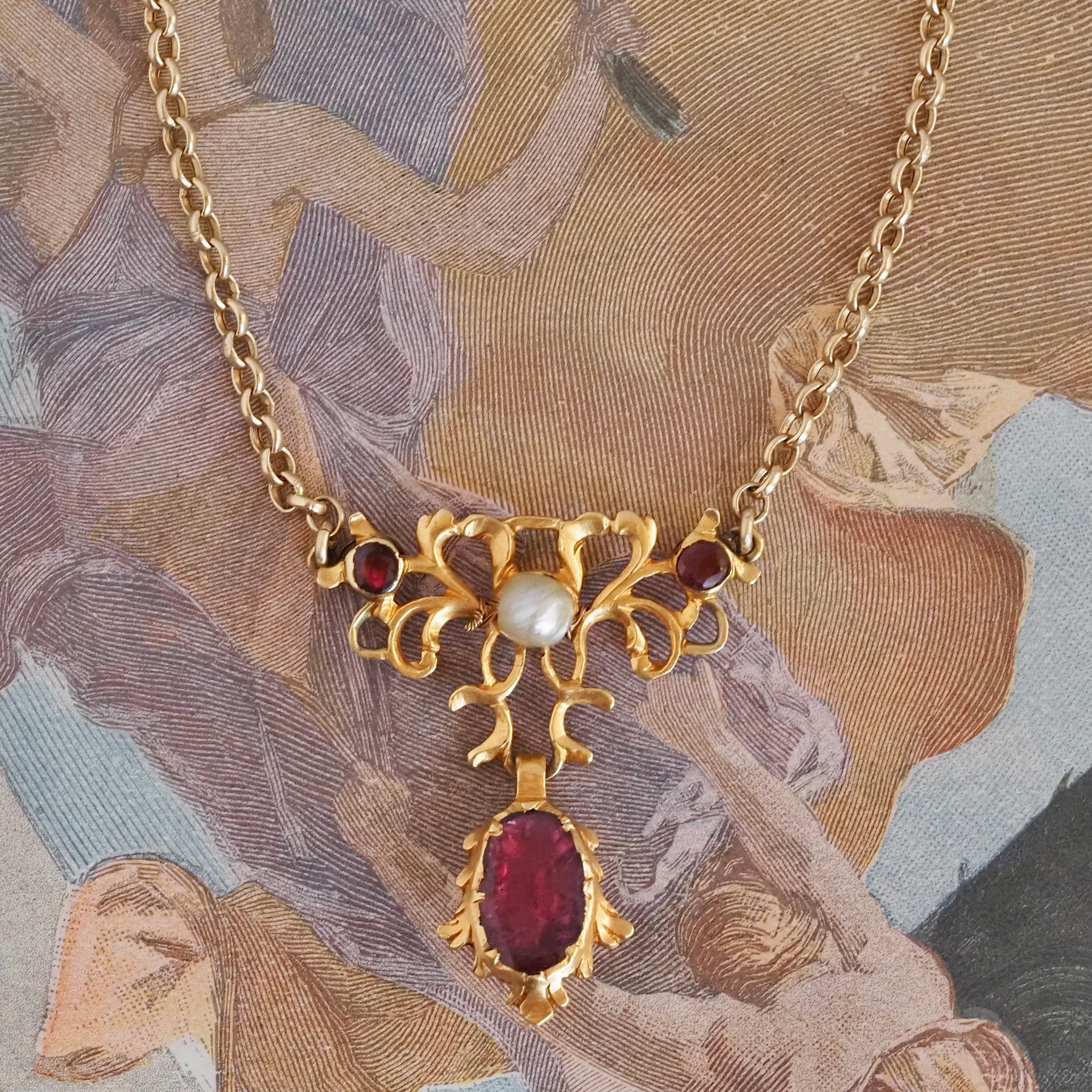 Antique Georgian Foiled Garnet Pendant on Vintage 9k Gold Rolo Chain