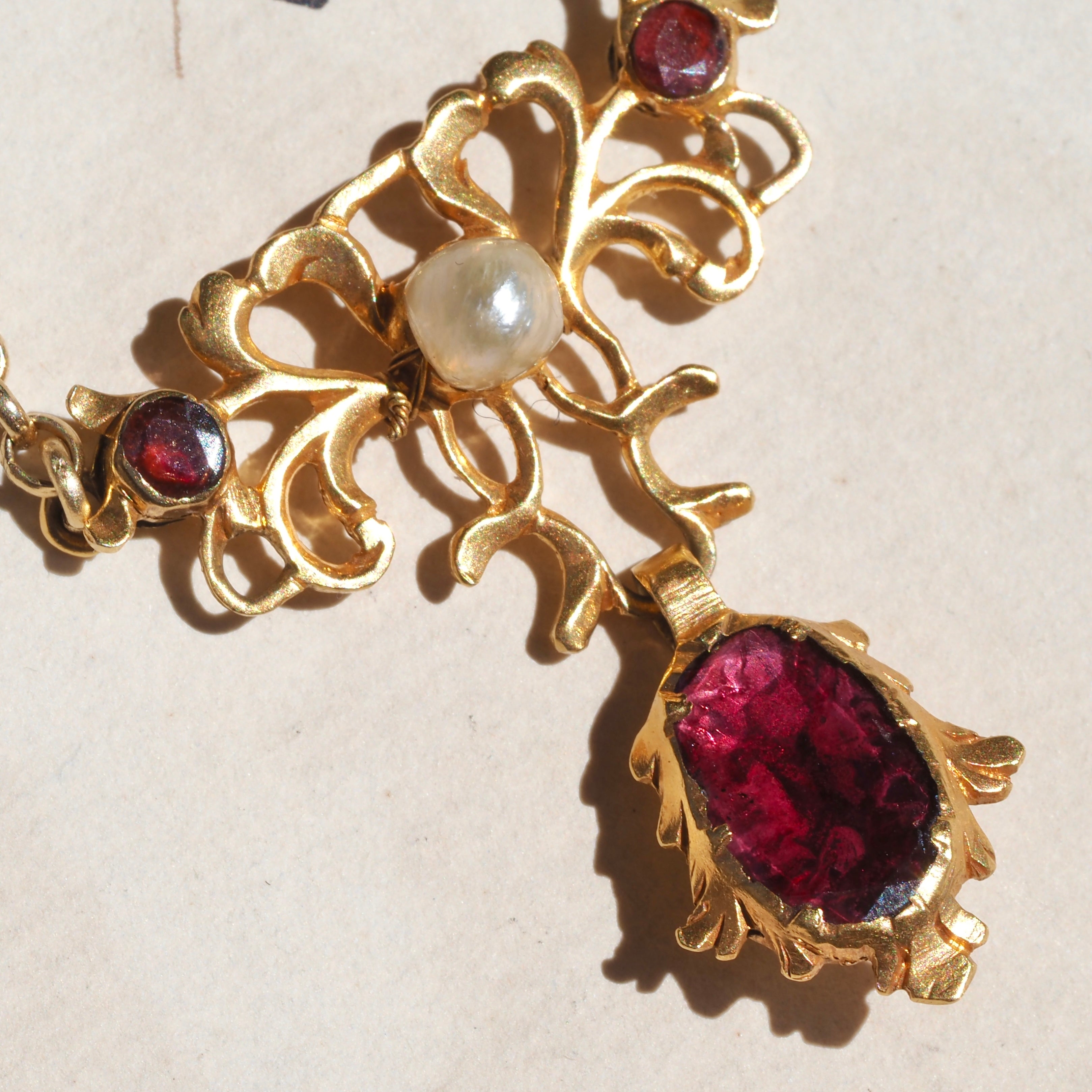 Antique Georgian Foiled Garnet Pendant on Vintage 9k Gold Rolo Chain