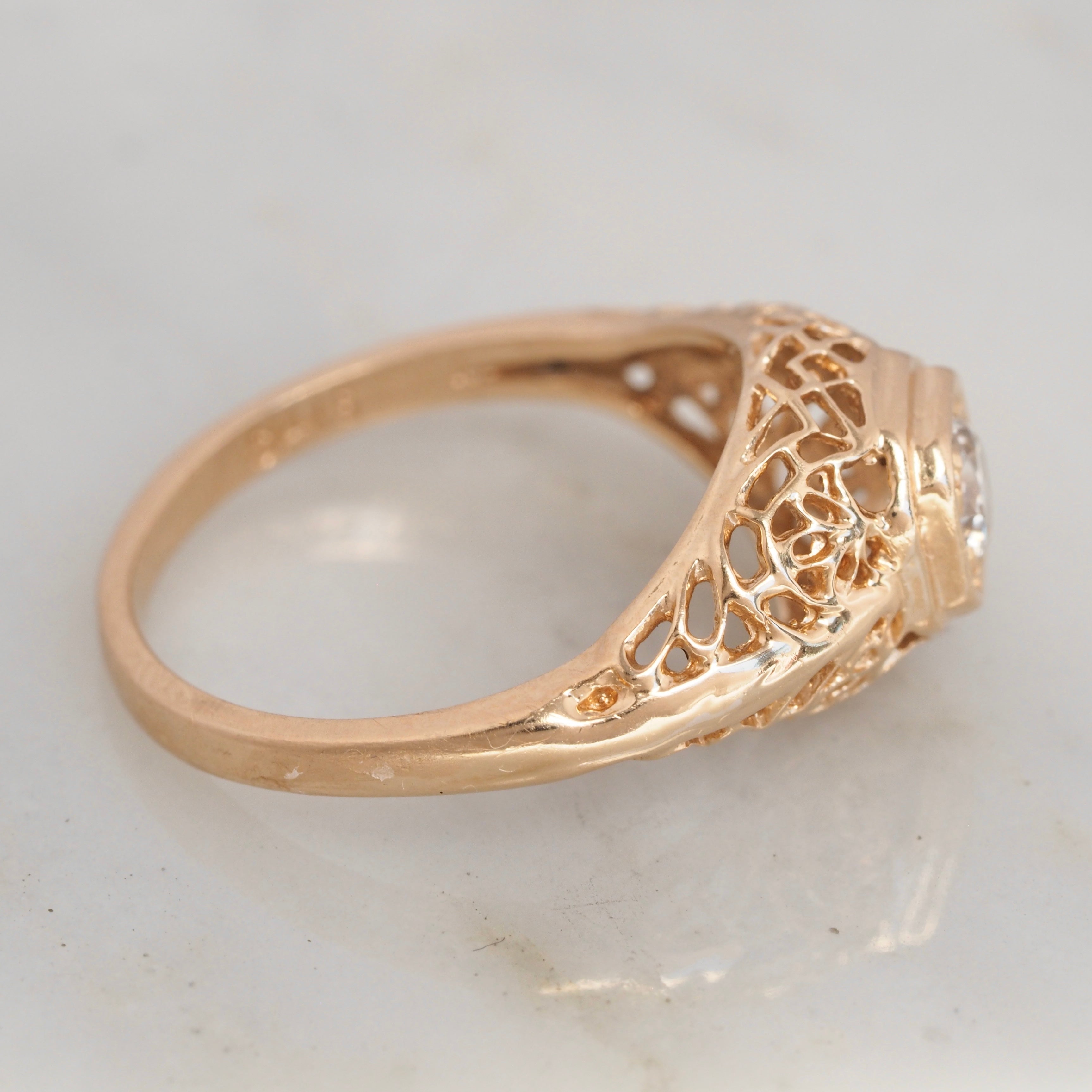 Vintage Art Deco Inspired 14k Gold Filigree Old European Cut Diamond Ring