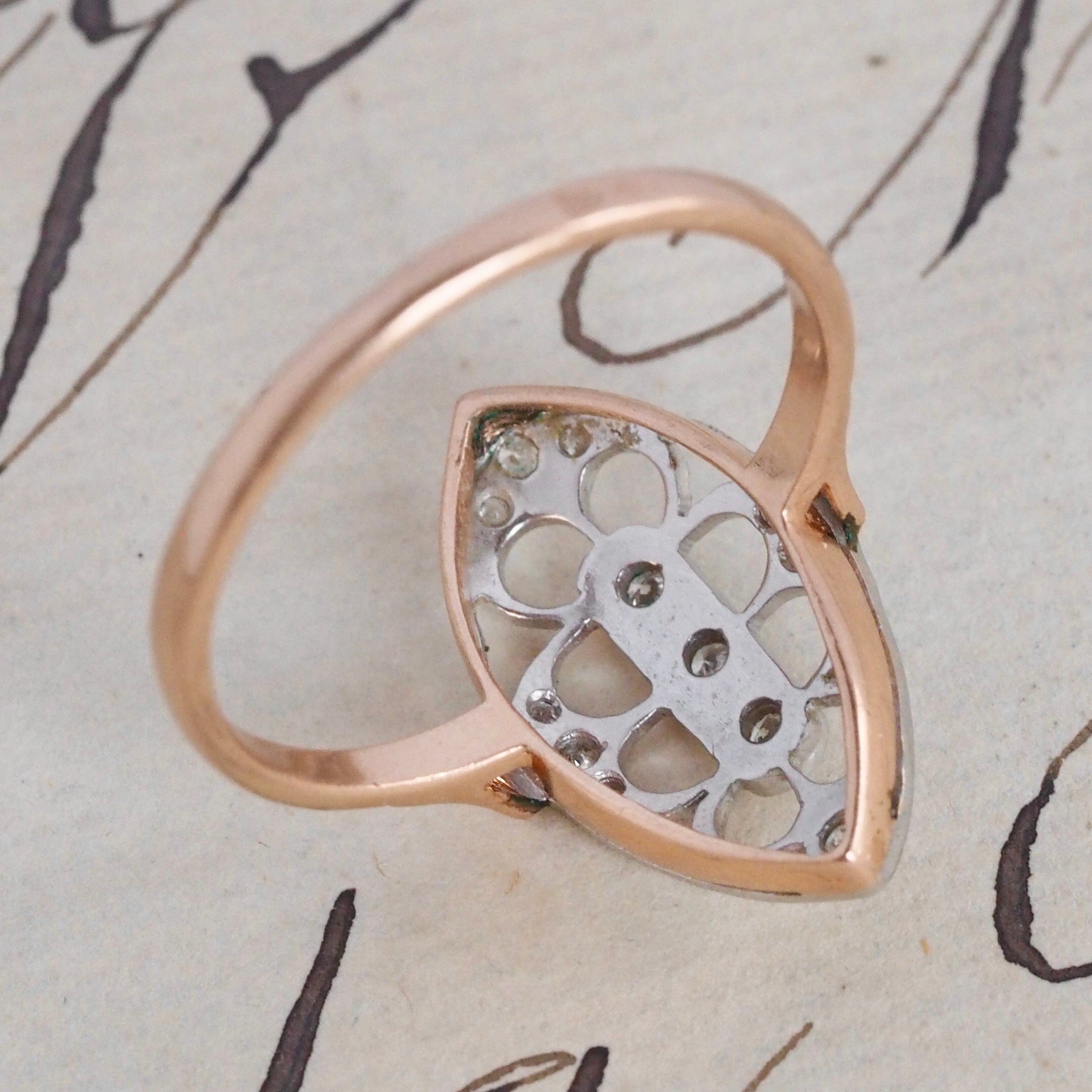 Vintage 14k Rose Gold Diamond Navette Ring