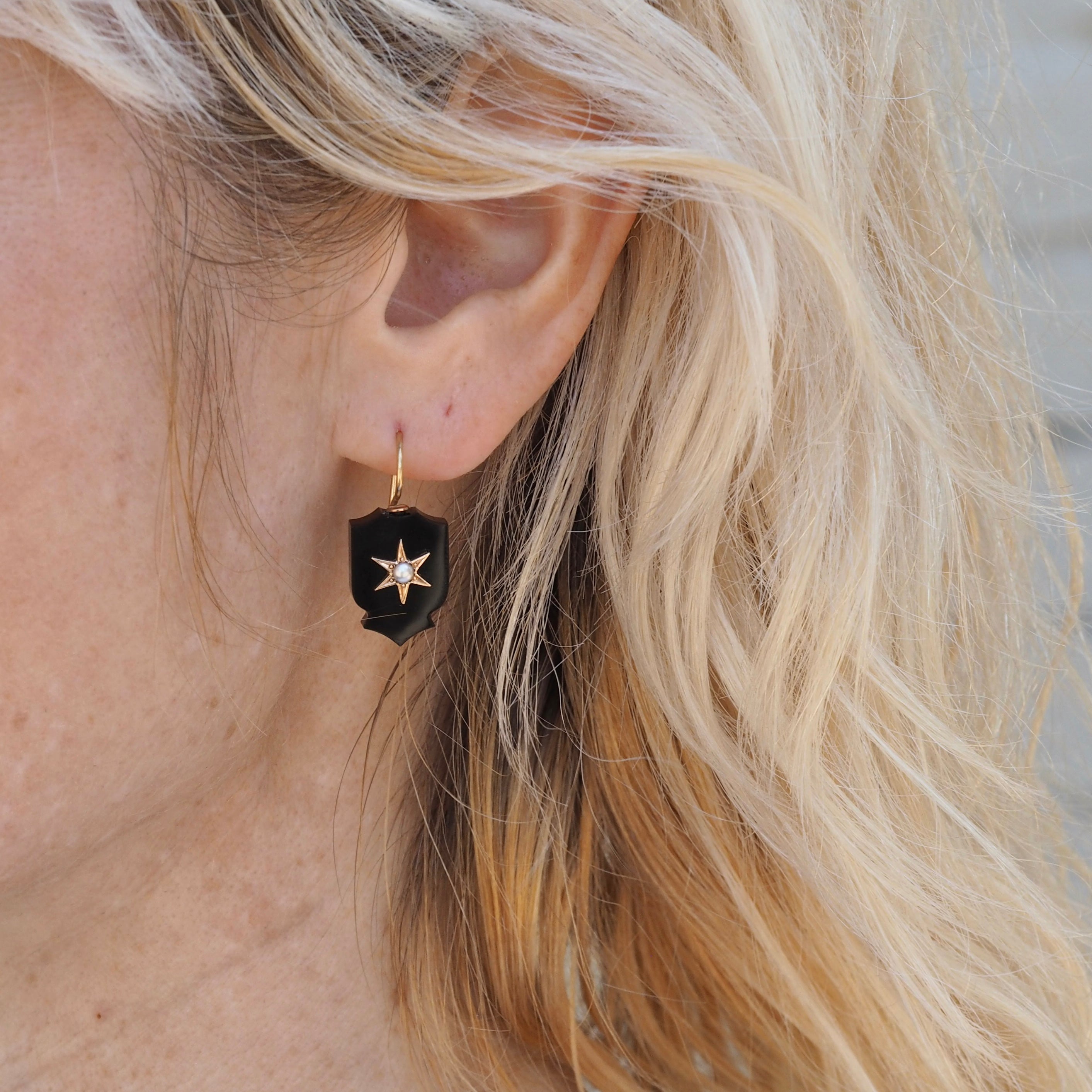 Antique Victorian 14k Gold Onyx and Seed Pearl Starburst Shield Earrings