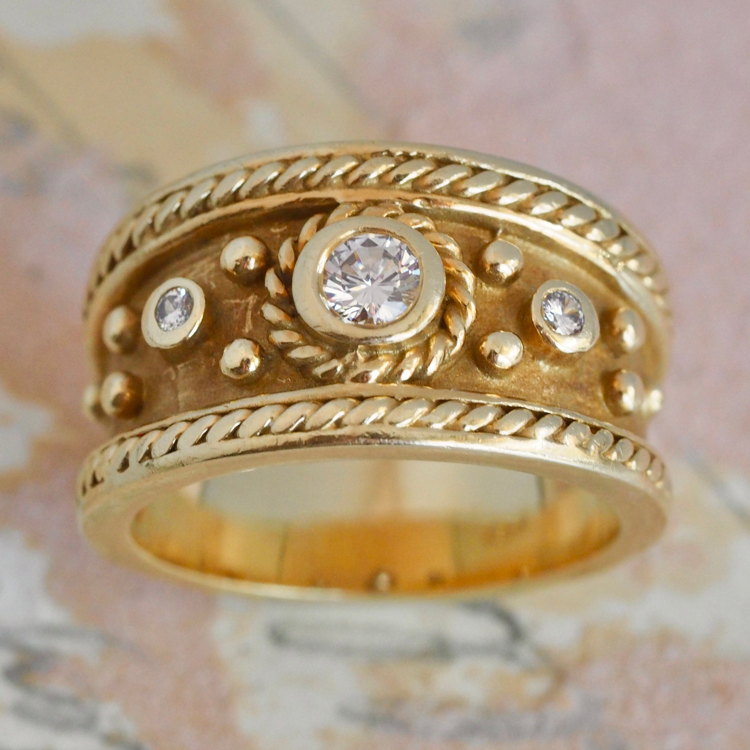 Vintage Etruscan Style 18k Gold Diamond Thick Band