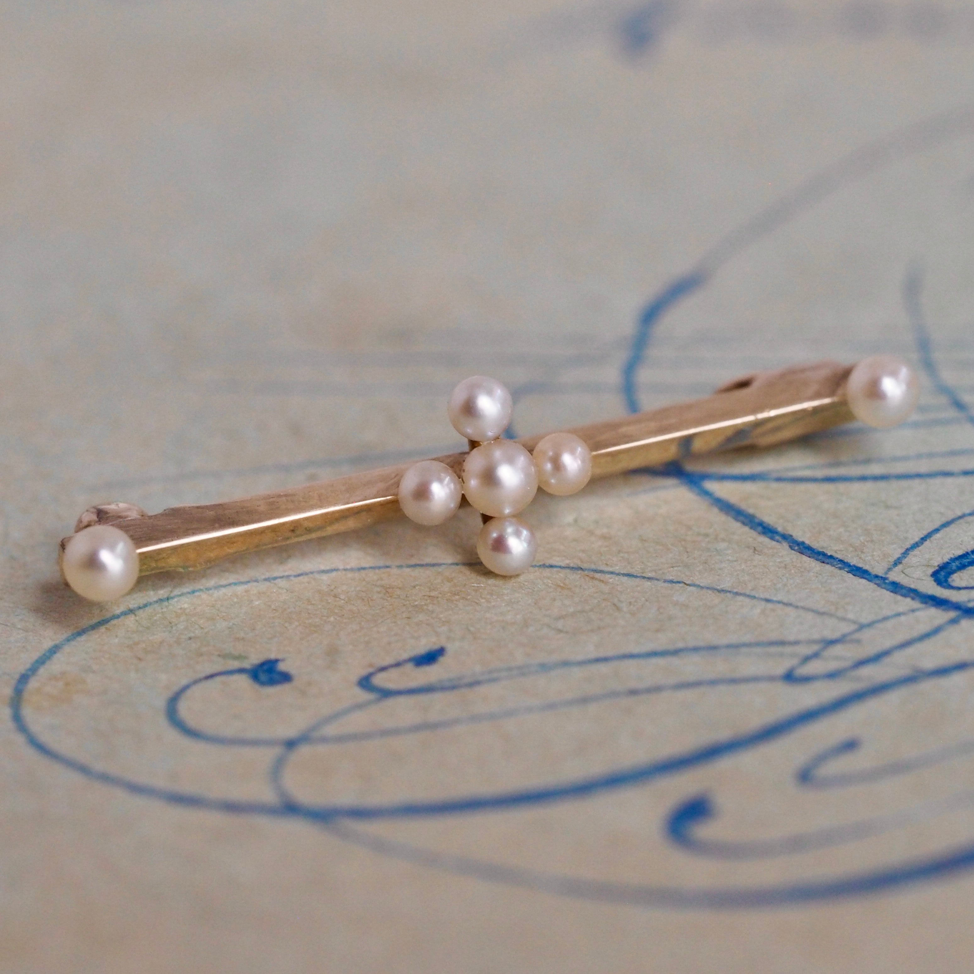 Antique Victorian 14k Gold Seed Pearl Bar Pin