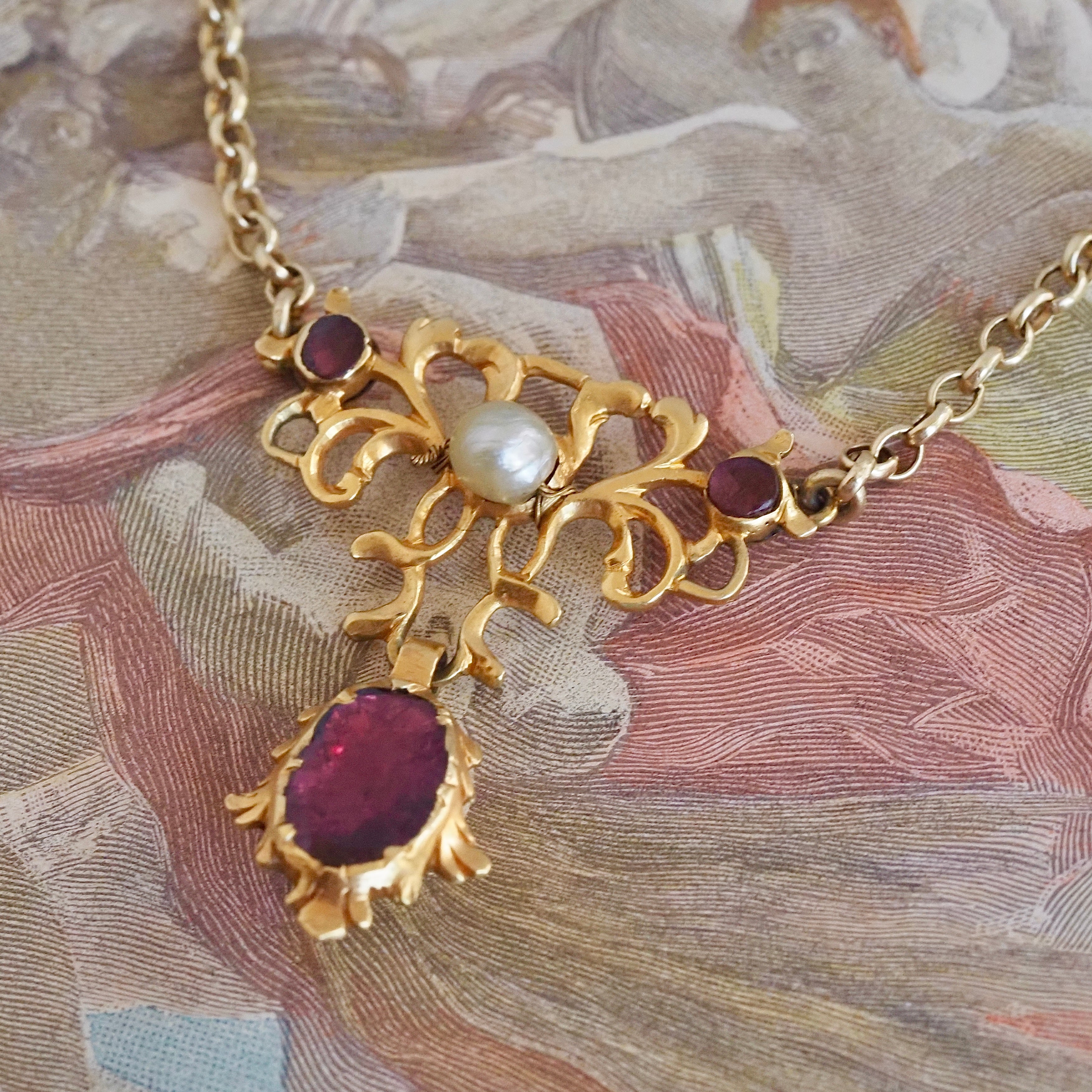 Antique Georgian Foiled Garnet Pendant on Vintage 9k Gold Rolo Chain