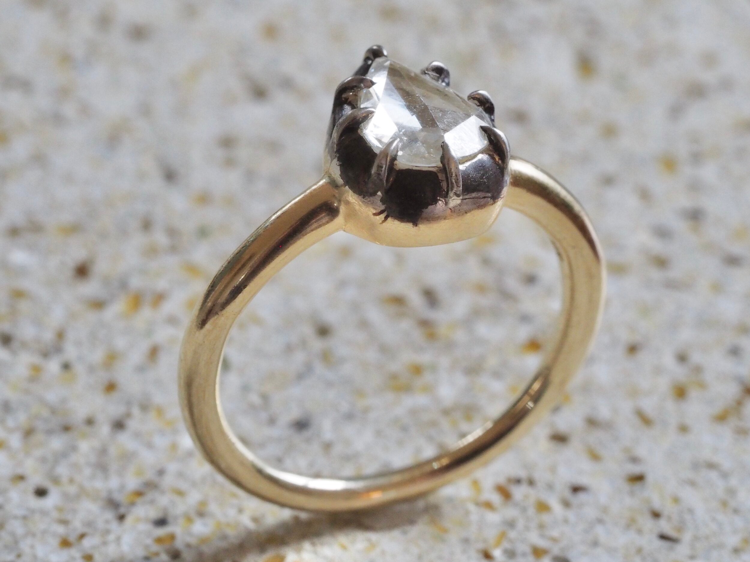 Georgian Style 14k Gold Sterling Silver Pear Shaped Rose Cut Diamond Ring