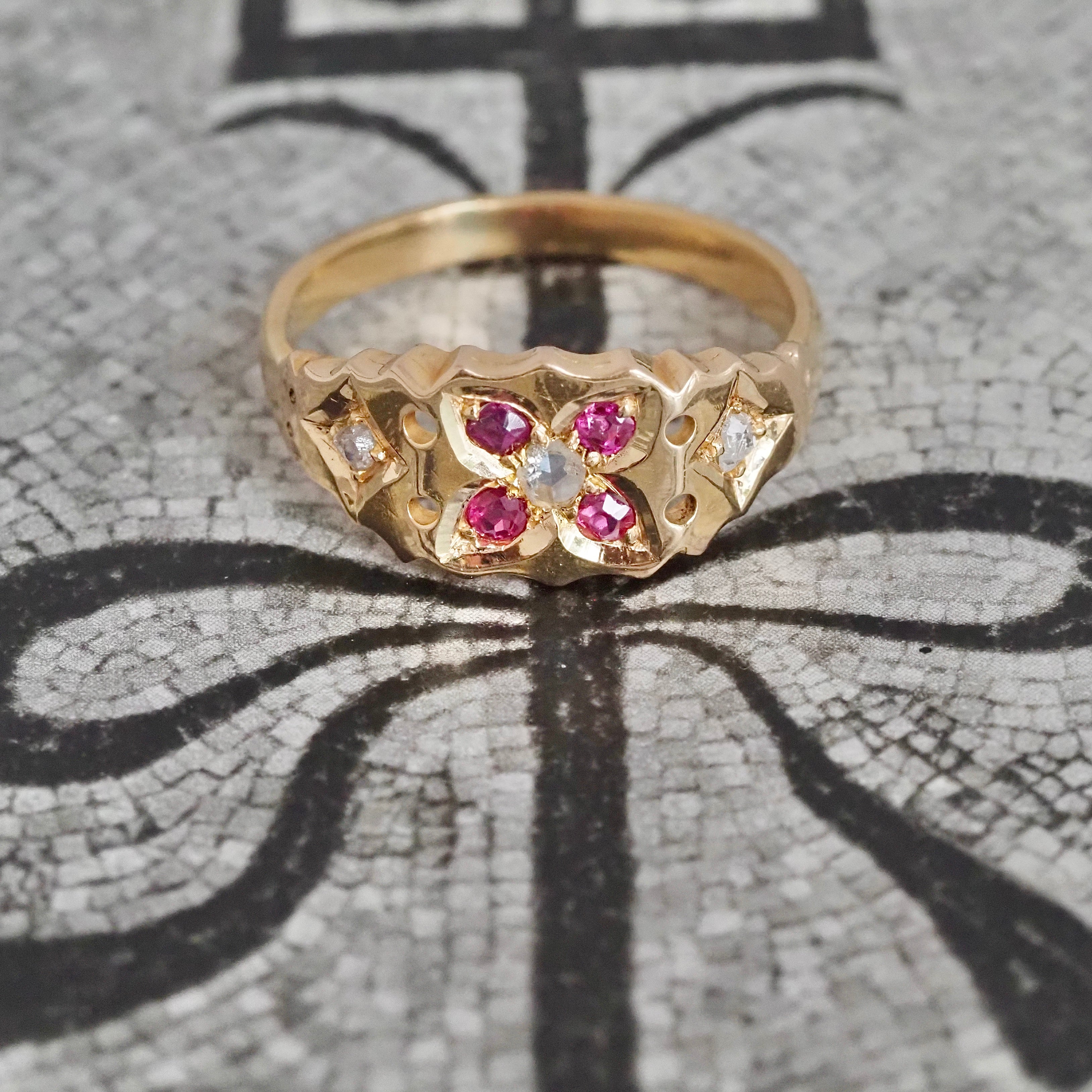 Antique English 18k Gold Ruby and Diamond Ring