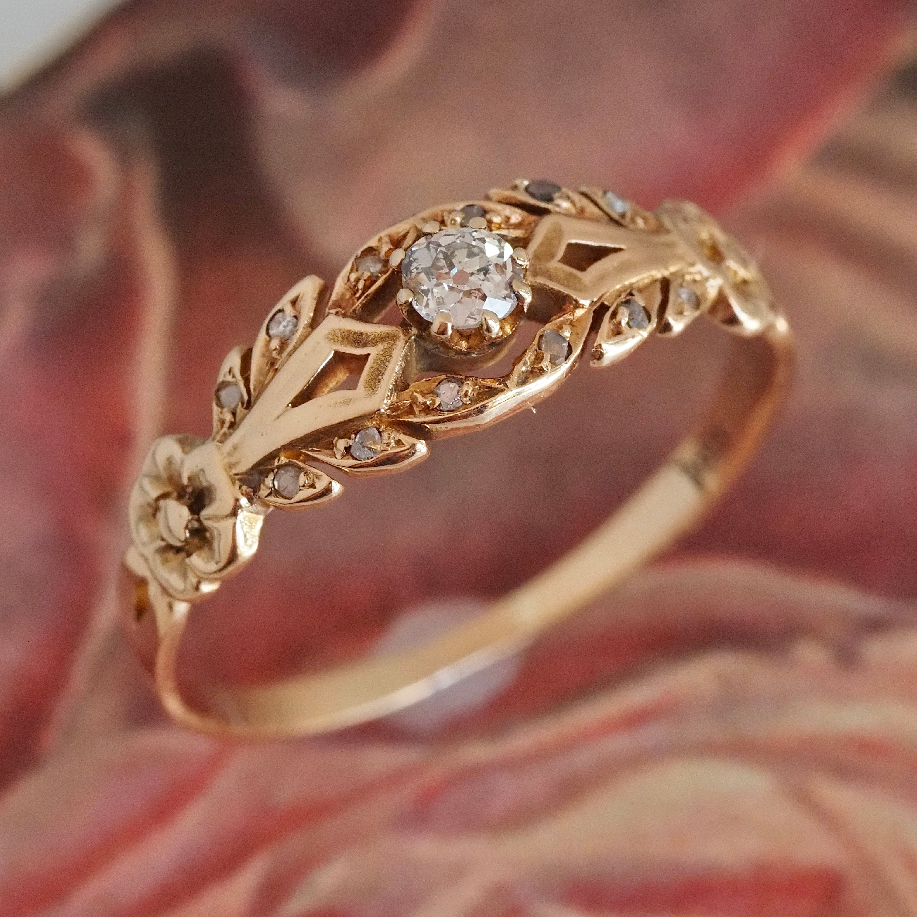 1940s Victorian Revival 18k Gold Old Mine Cut Diamond Ring