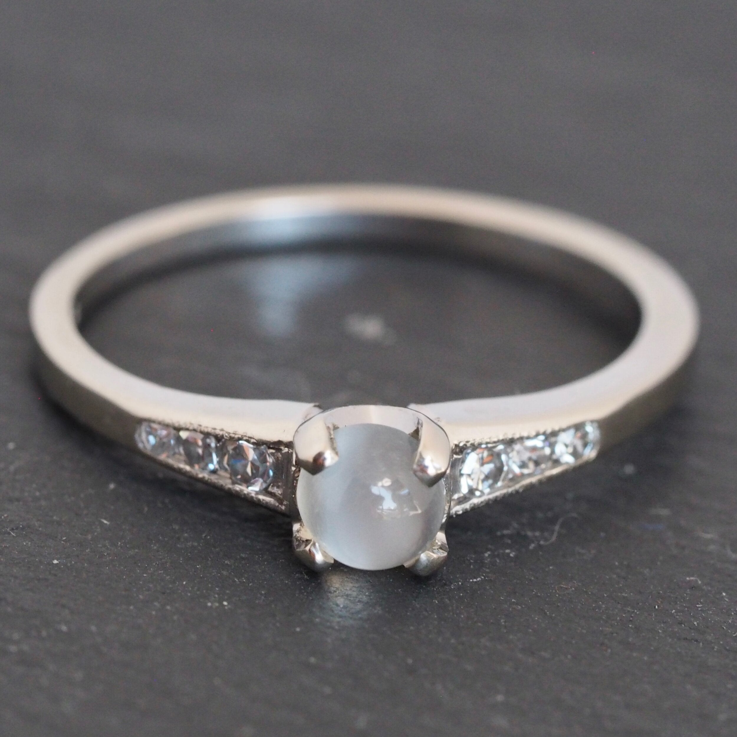 Midcentury 14k White Gold Moonstone and Diamond Solitaire Ring